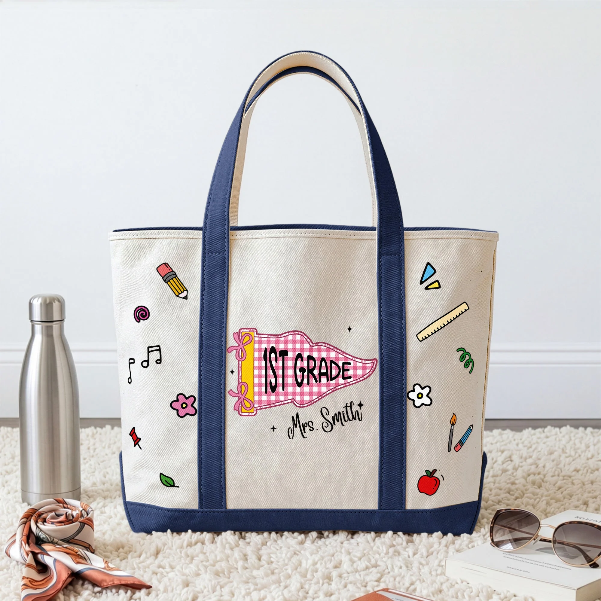 Teacher School Doodles Pennant - Personalized Embroidery Tote Bag - Gift For Students, Teacher