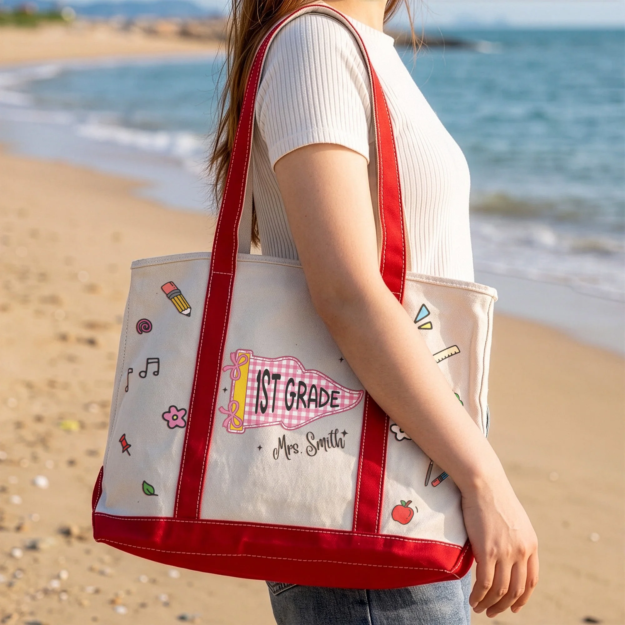 Teacher School Doodles Pennant - Personalized Embroidery Tote Bag - Gift For Students, Teacher - Image 2