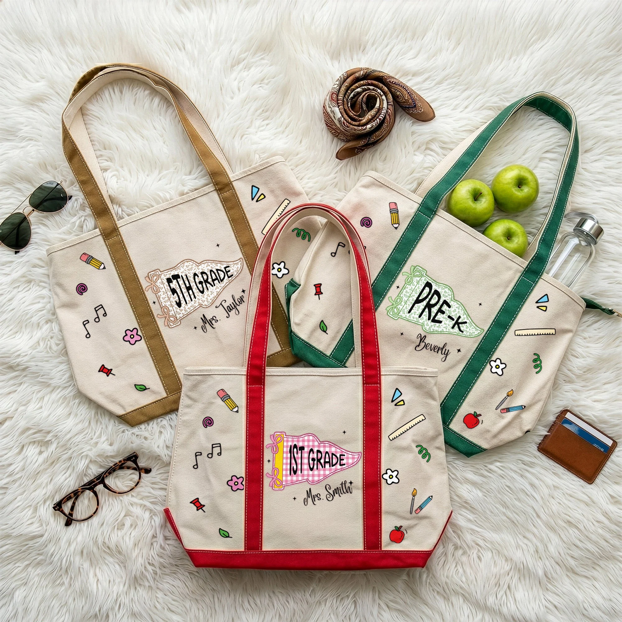 Teacher School Doodles Pennant - Personalized Embroidery Tote Bag - Gift For Students, Teacher - Image 3