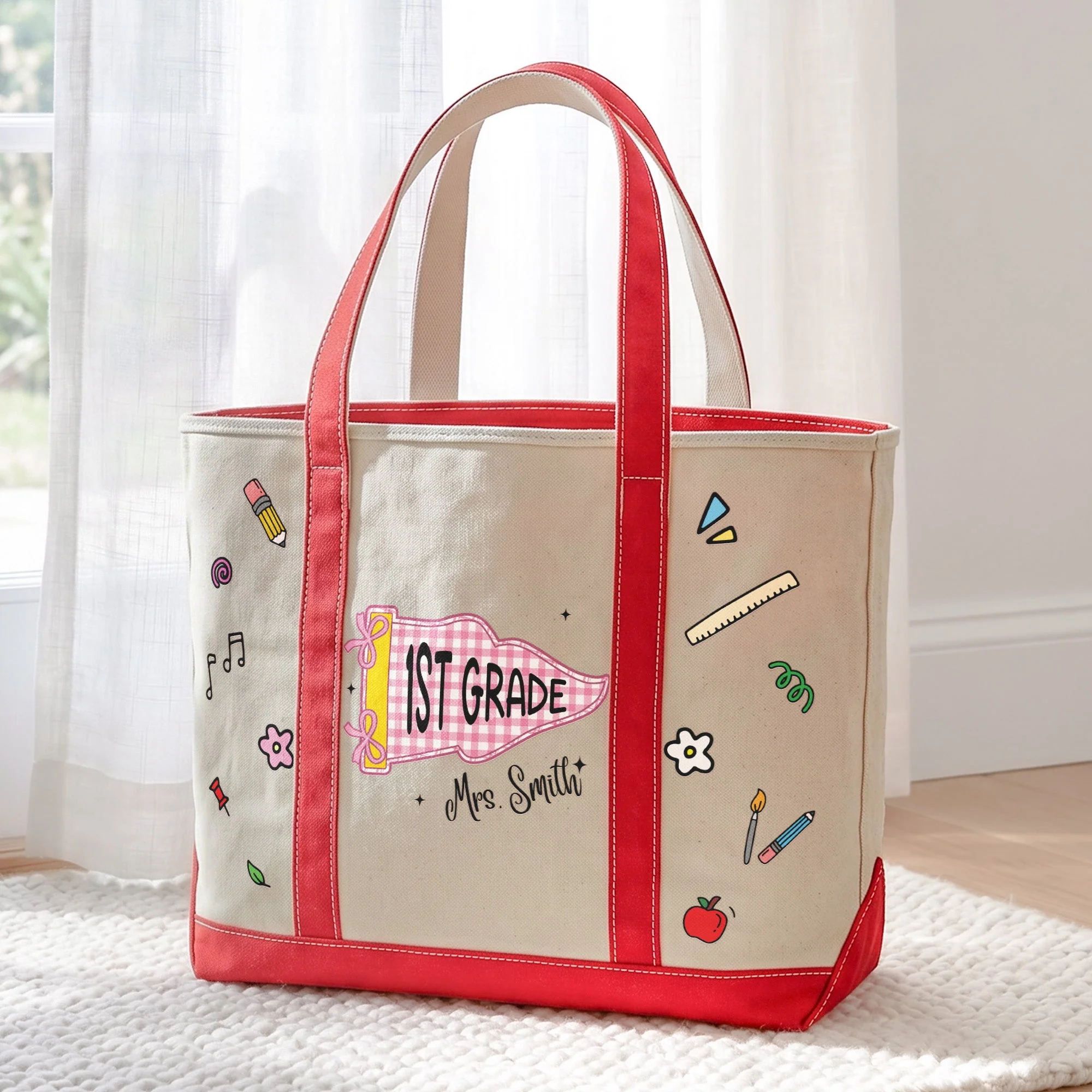 Teacher School Doodles Pennant - Personalized Embroidery Tote Bag - Gift For Students, Teacher - Image 4