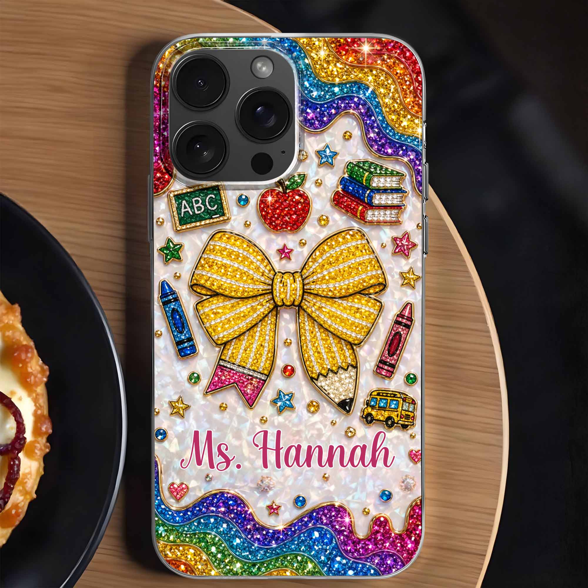 Teaching Is A Work Of Heart Pencil Bow And Apple - Personalized Bling Phone Case - Gifts For Teacher