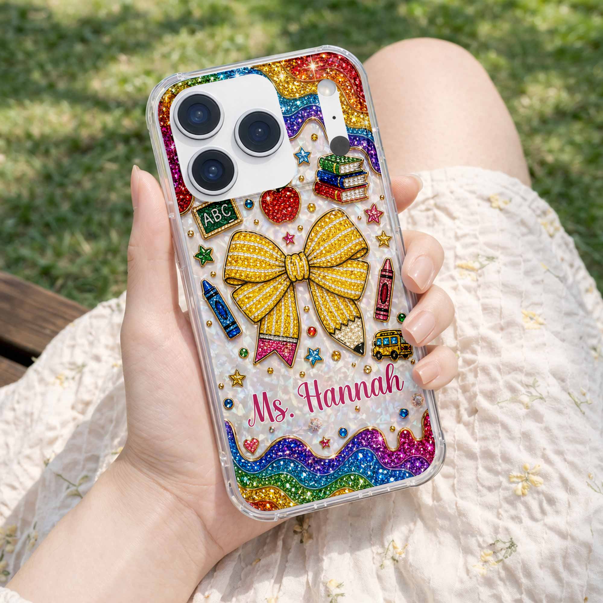 Teaching Is A Work Of Heart Pencil Bow And Apple - Personalized Bling Phone Case - Gifts For Teacher - Image 11