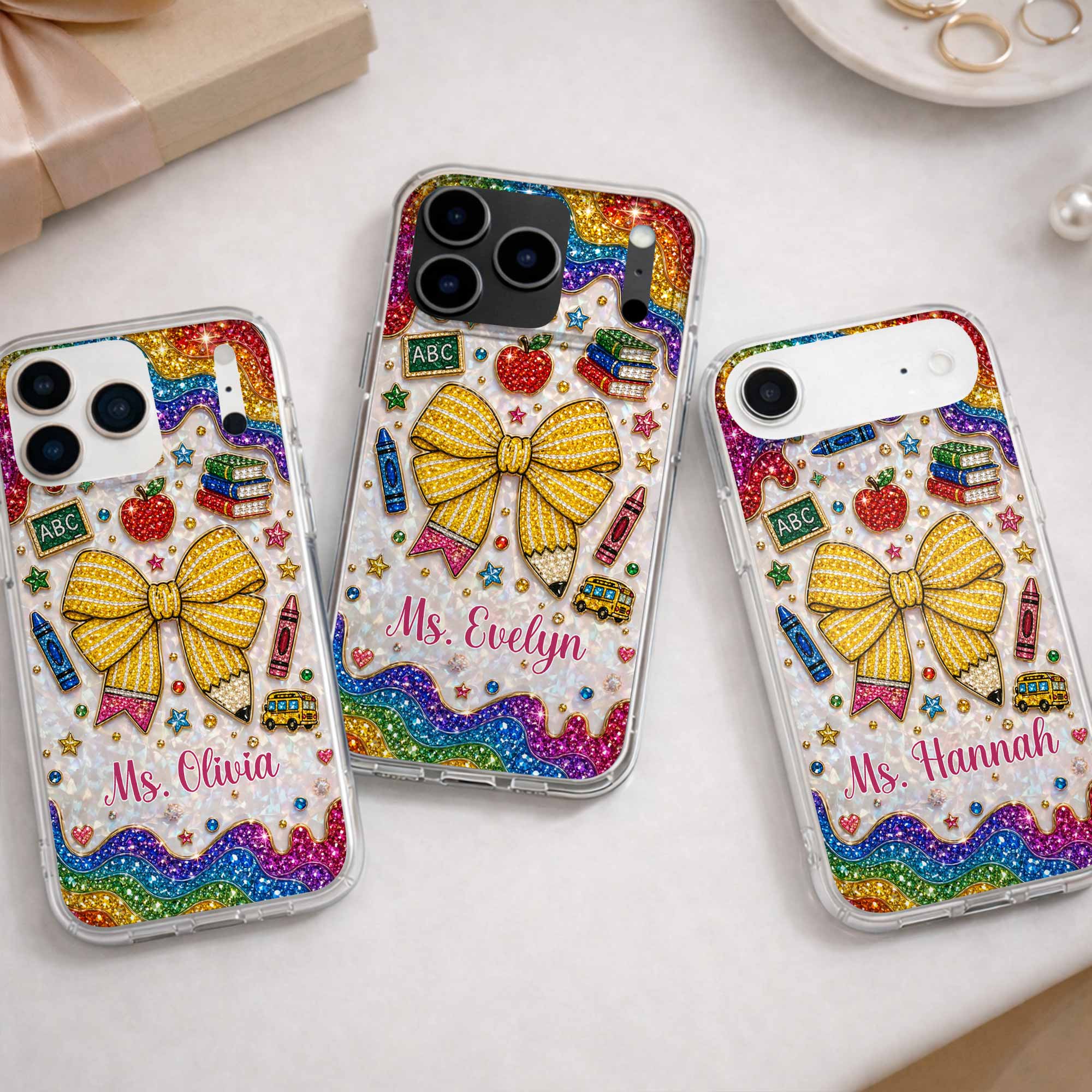 Teaching Is A Work Of Heart Pencil Bow And Apple - Personalized Bling Phone Case - Gifts For Teacher - Image 12