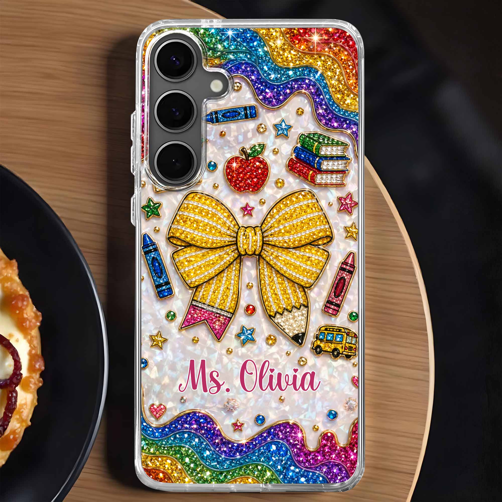 Teaching Is A Work Of Heart Pencil Bow And Apple - Personalized Bling Phone Case - Gifts For Teacher - Image 2