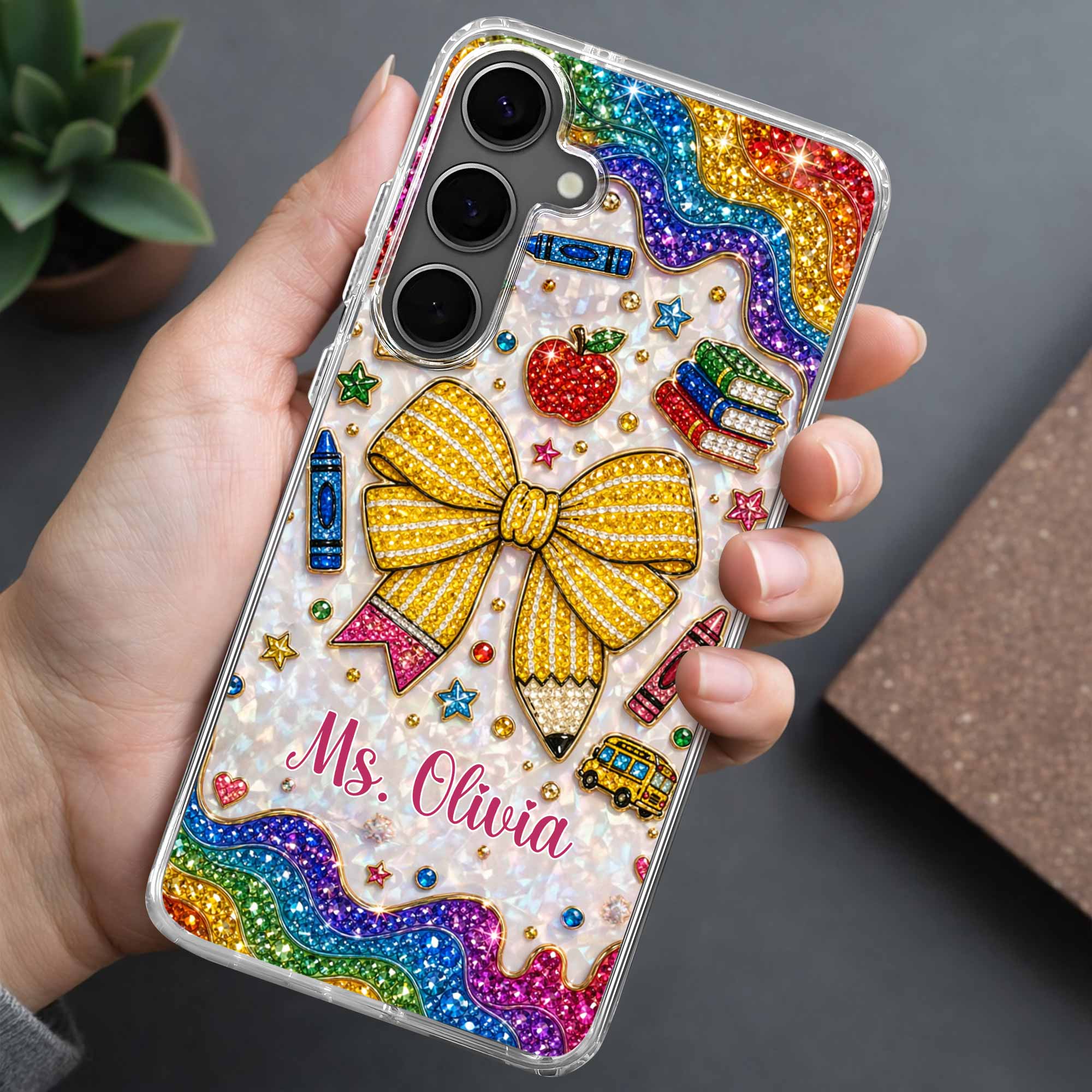 Teaching Is A Work Of Heart Pencil Bow And Apple - Personalized Bling Phone Case - Gifts For Teacher - Image 3