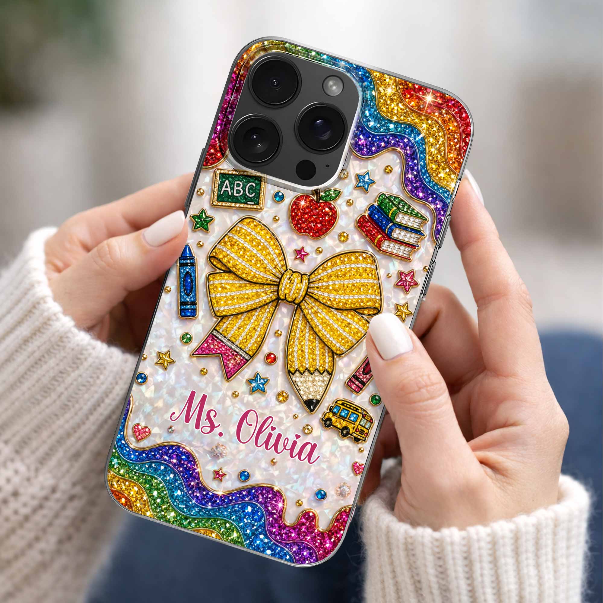 Teaching Is A Work Of Heart Pencil Bow And Apple - Personalized Bling Phone Case - Gifts For Teacher - Image 6