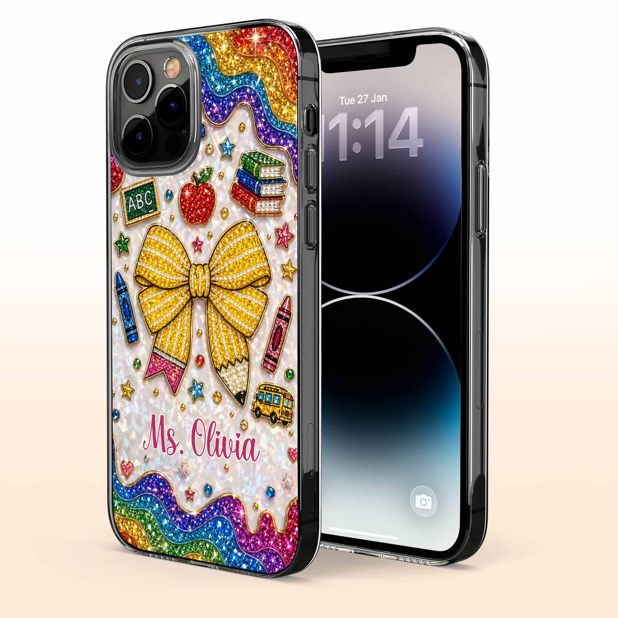 Teaching Is A Work Of Heart Pencil Bow And Apple - Personalized Bling Phone Case - Gifts For Teacher - Image 7