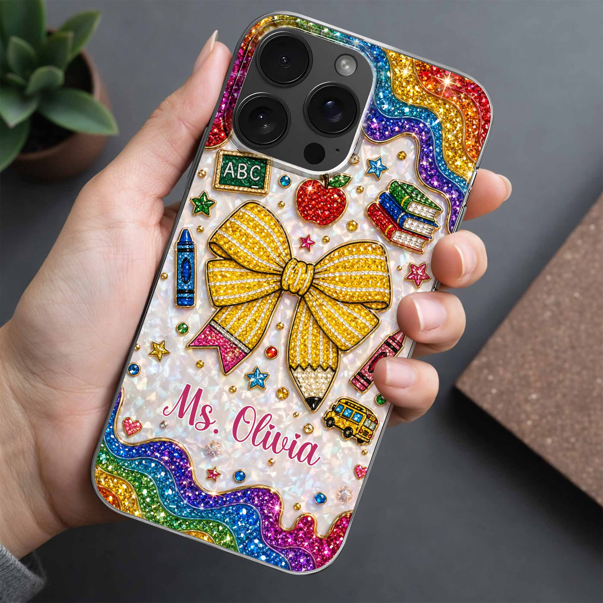 Teaching Is A Work Of Heart Pencil Bow And Apple - Personalized Bling Phone Case - Gifts For Teacher - Image 9