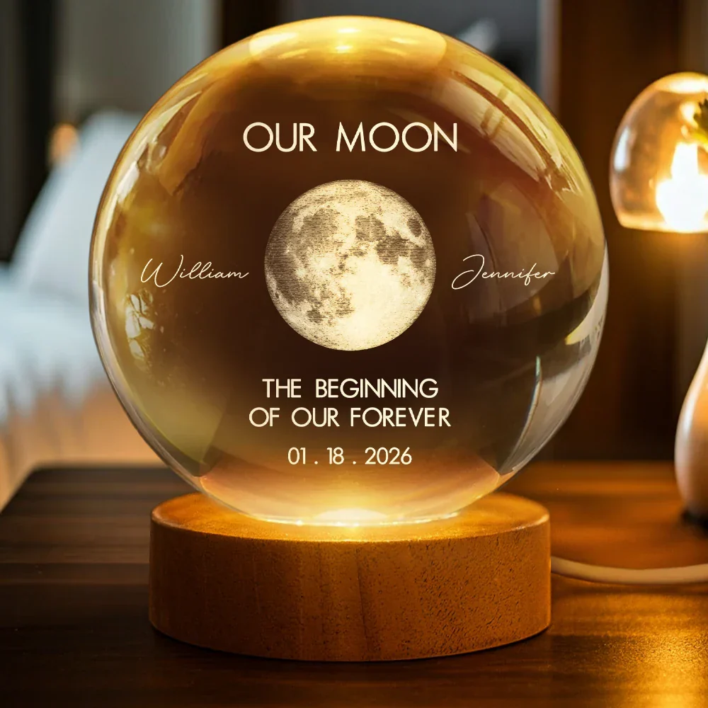 The Beginning Of Our Forever - Personalized Moon Phase Crystal Globe Lamp - Gift For Couple