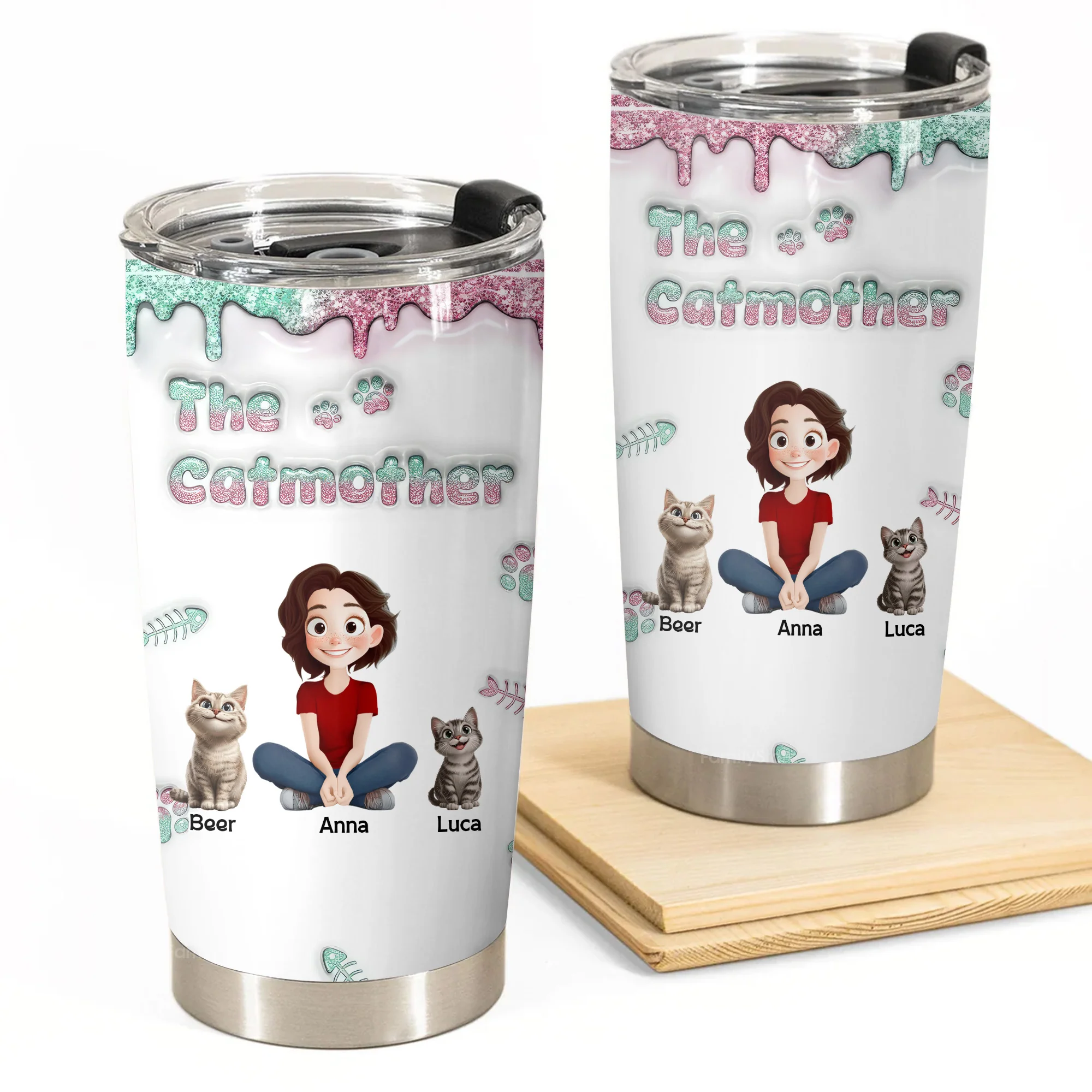 The Catmother Glitter 3D Inflated Effect Cartoon Cat - Personalized Tumbler Cup - Gift for Pet Owners, Pet Lovers, Cat Mom | CLP15 NH96