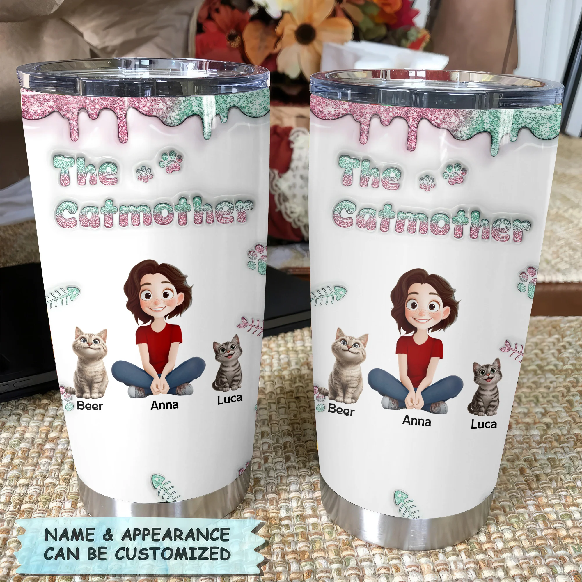The Catmother Glitter 3D Inflated Effect Cartoon Cat - Personalized Tumbler Cup - Gift for Pet Owners, Pet Lovers, Cat Mom | CLP15 NH96 - Image 2