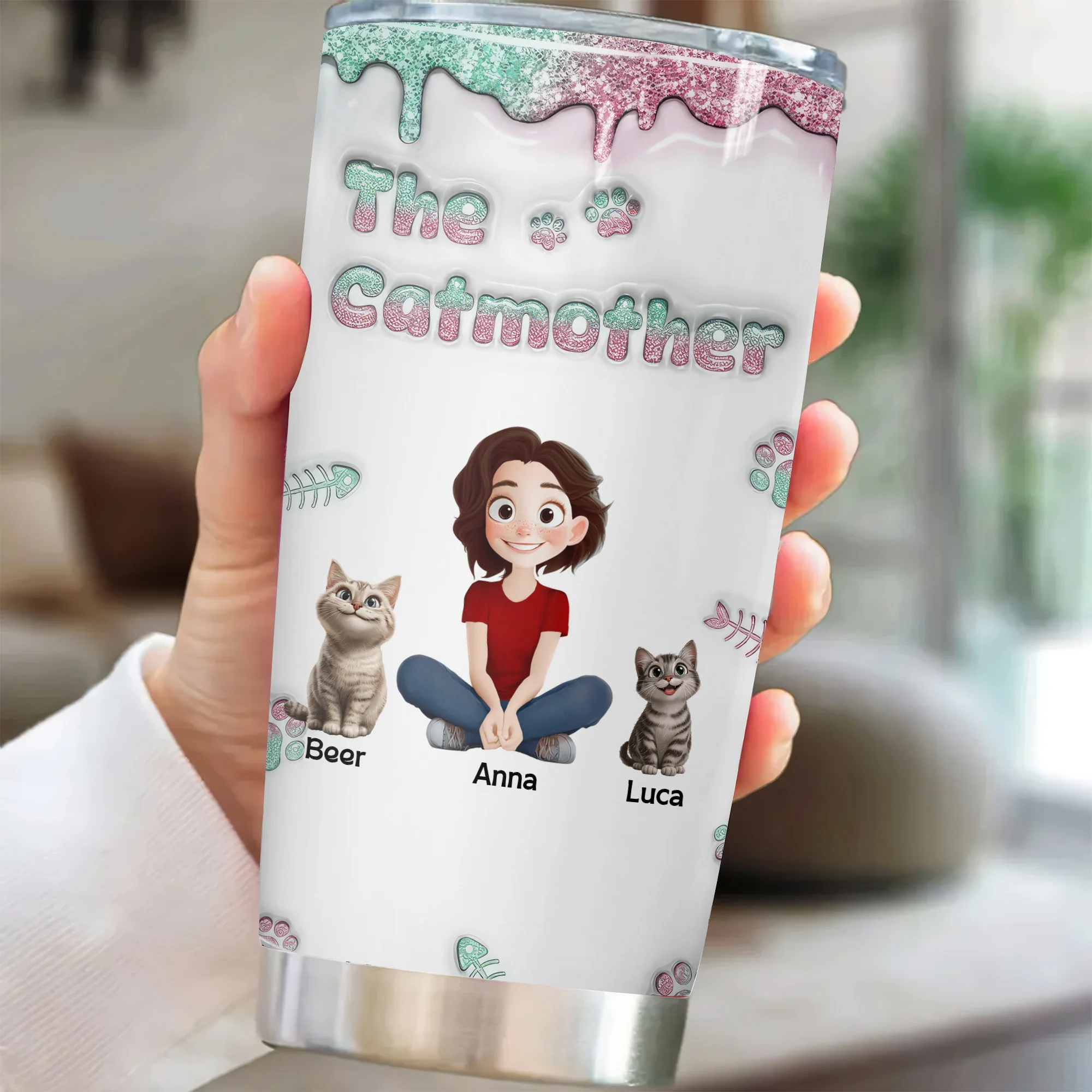 The Catmother Glitter 3D Inflated Effect Cartoon Cat - Personalized Tumbler Cup - Gift for Pet Owners, Pet Lovers, Cat Mom | CLP15 NH96 - Image 3