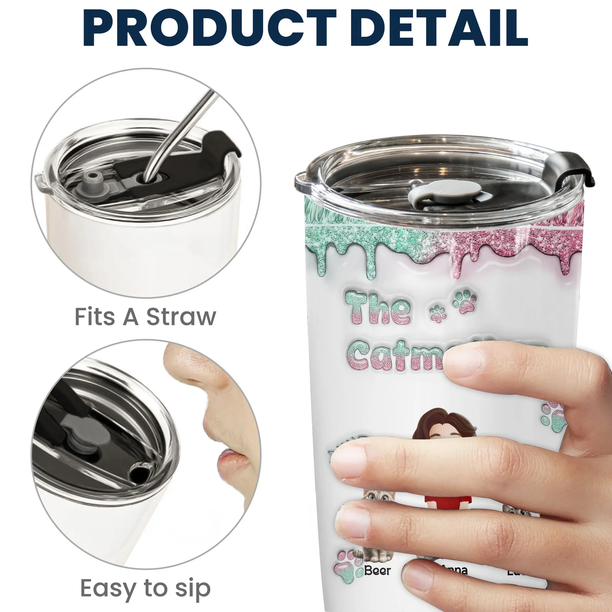 The Catmother Glitter 3D Inflated Effect Cartoon Cat - Personalized Tumbler Cup - Gift for Pet Owners, Pet Lovers, Cat Mom | CLP15 NH96 - Image 5