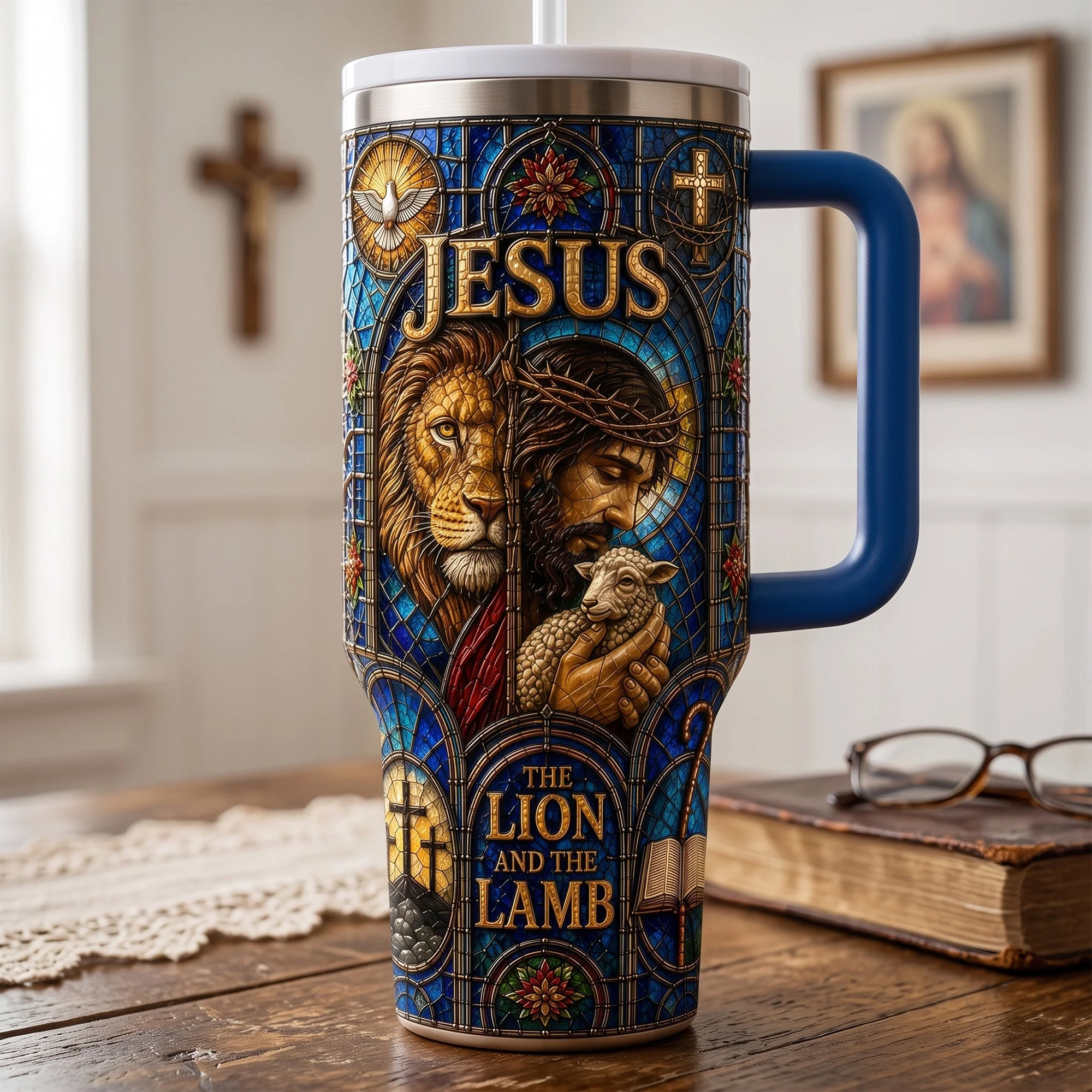 The Lion And The Lamp - Personalized Tumbler With Handle - Gift For Christians - Image 3