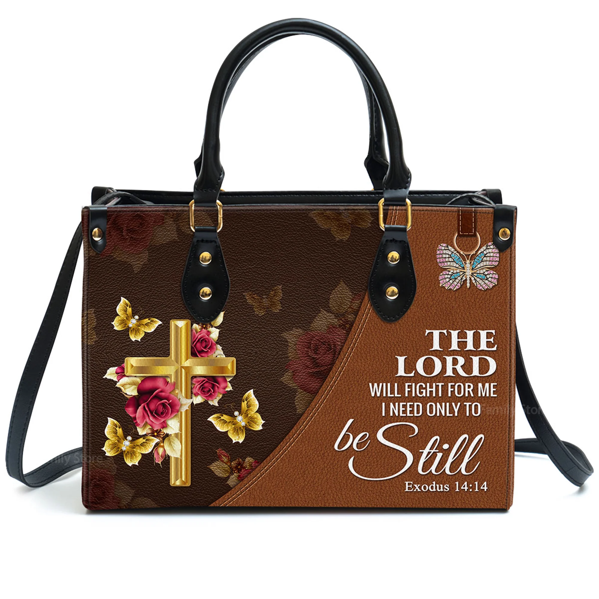 The Lord Will Fight For Me Floral Cross - Personalized Leather Handbag With Handle - AT4081438 - Image 2