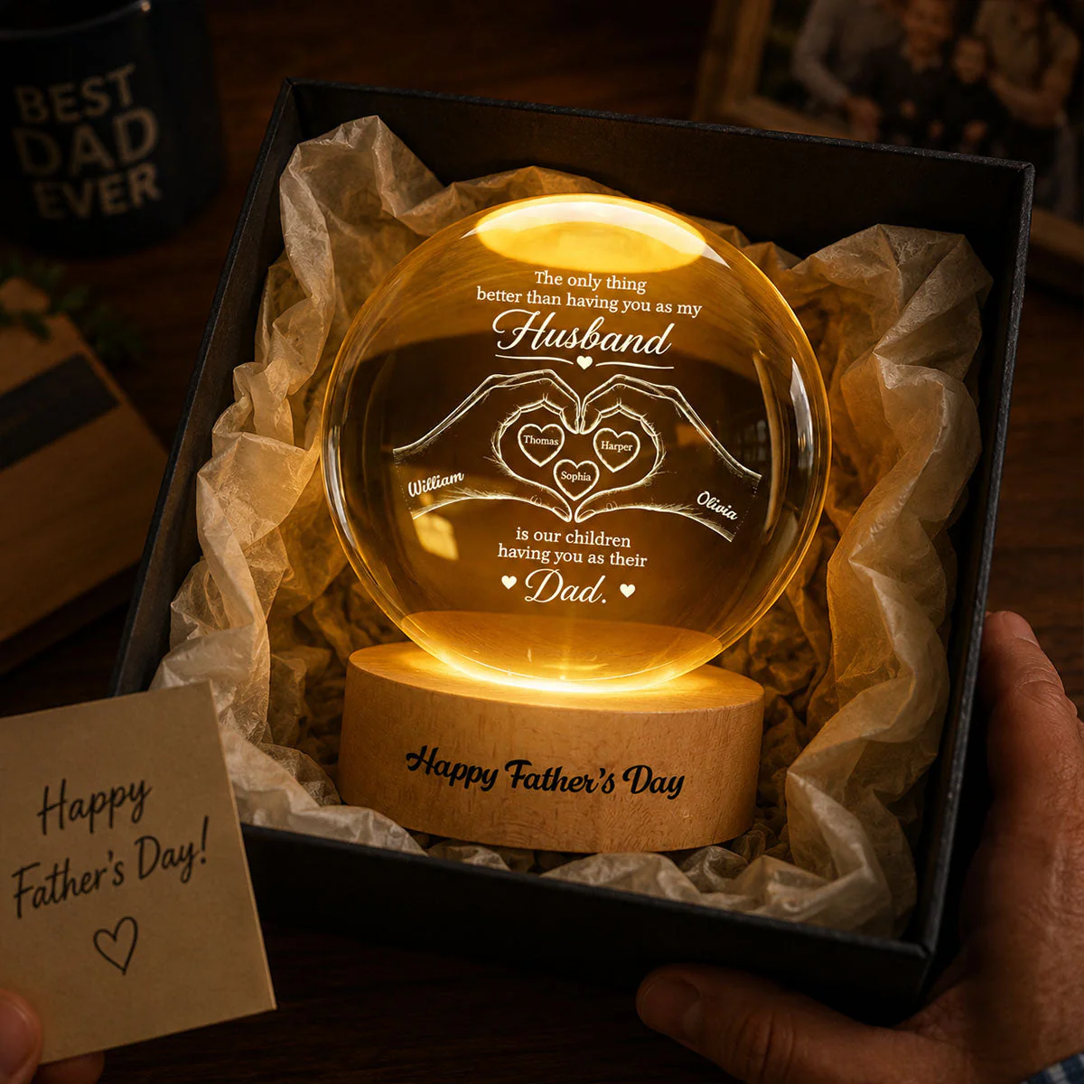 The Only Thing Having You As My Husband Hearts in Hands - Personalized Crystal Globe Lamp - Gift For Dad, Husband - Image 2