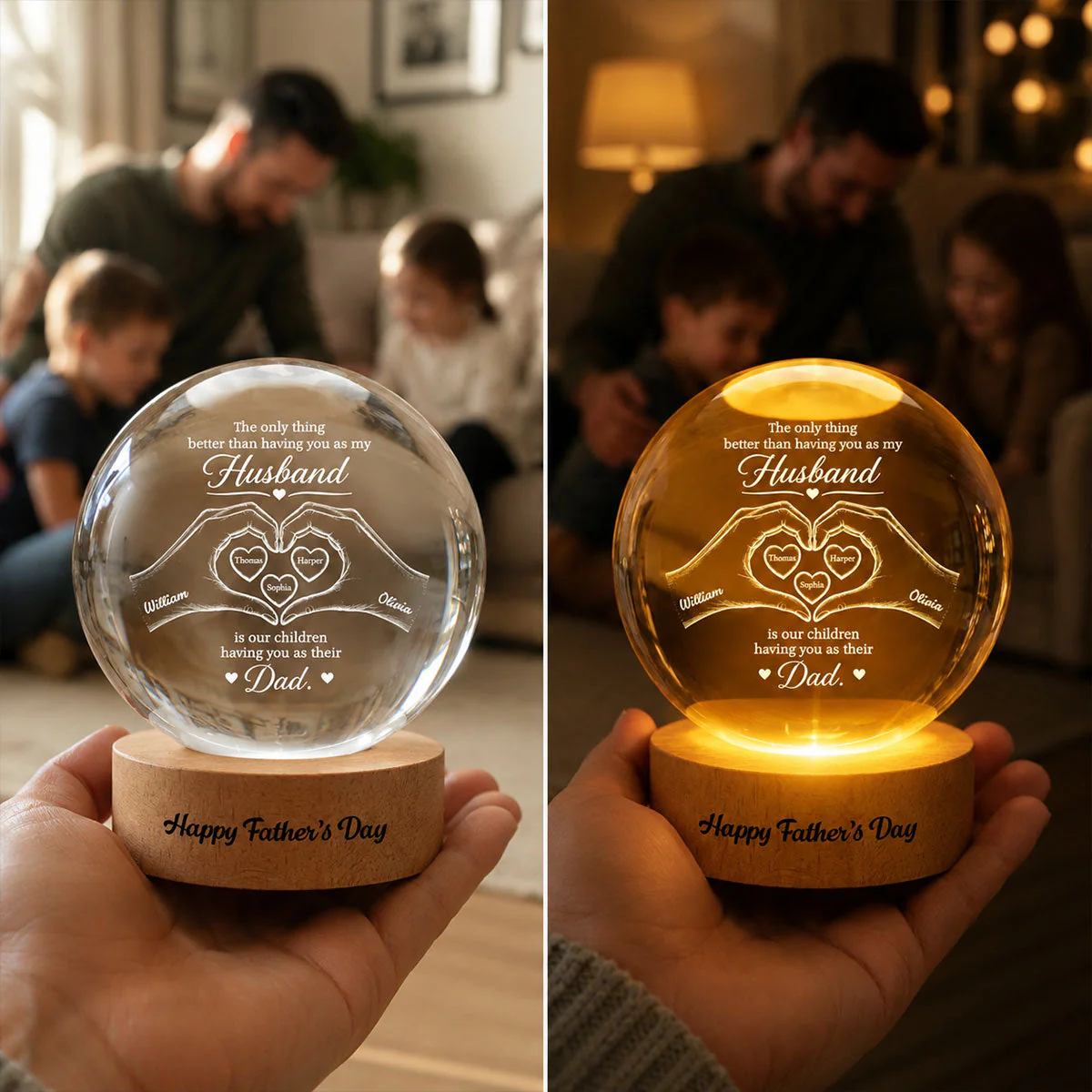 The Only Thing Having You As My Husband Hearts in Hands - Personalized Crystal Globe Lamp - Gift For Dad, Husband - Image 5