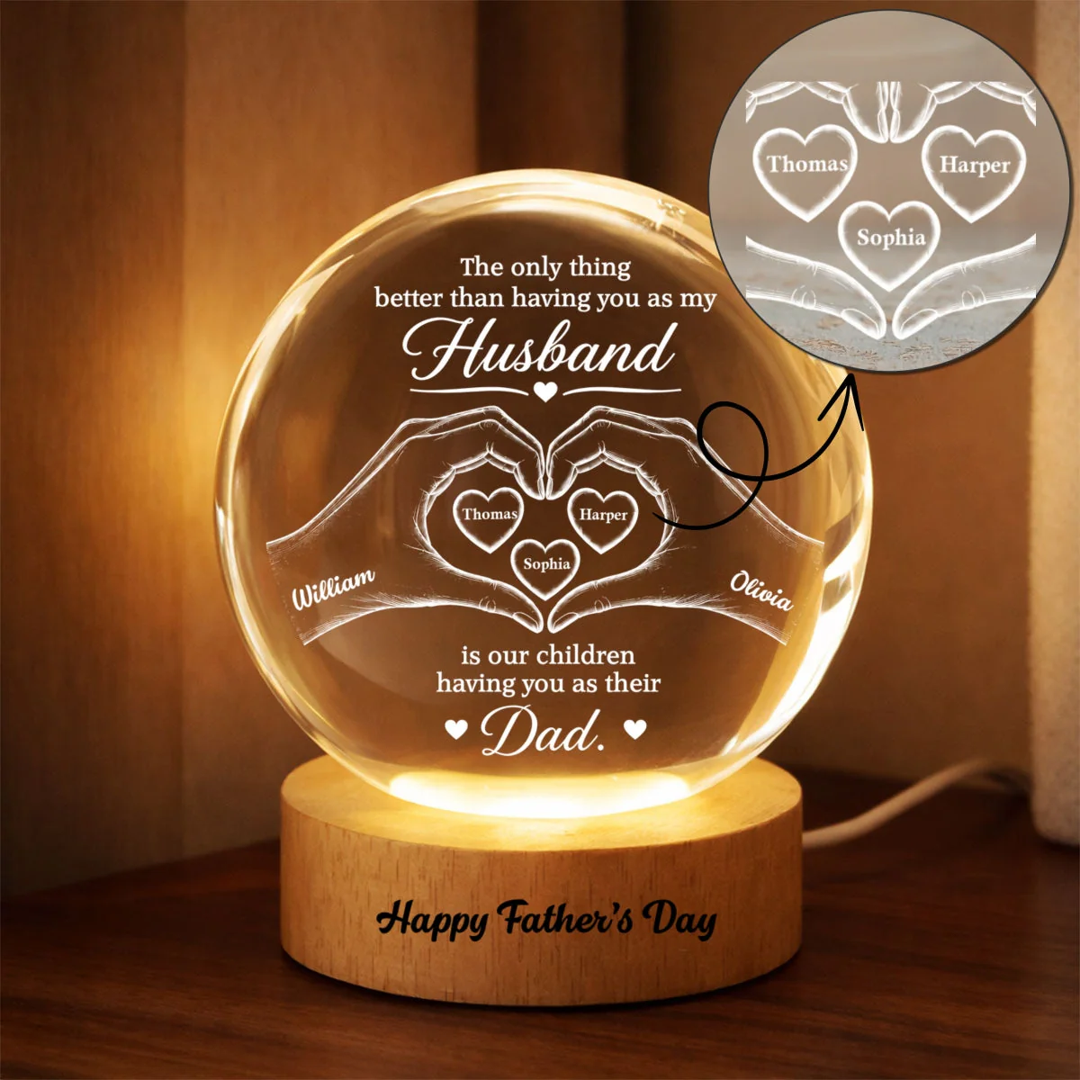 The Only Thing Having You As My Husband Hearts in Hands - Personalized Crystal Globe Lamp - Gift For Dad, Husband - Image 7