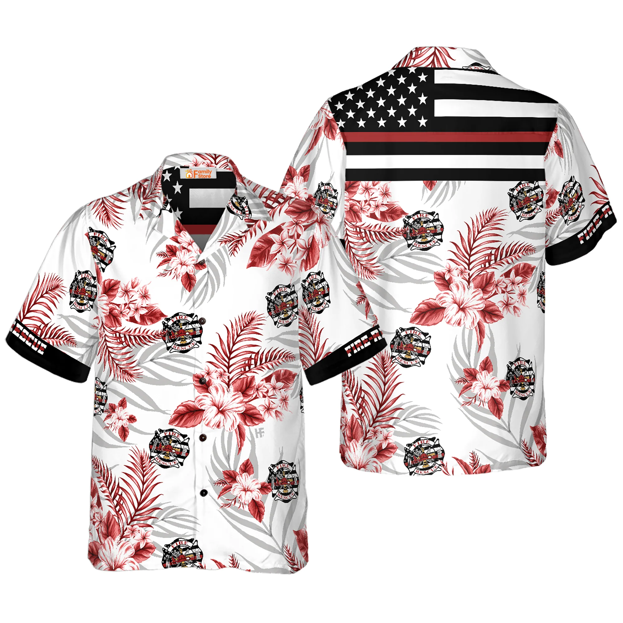 The Red Line Black American Flag Firefighter Hawaiian Shirt - Image 3