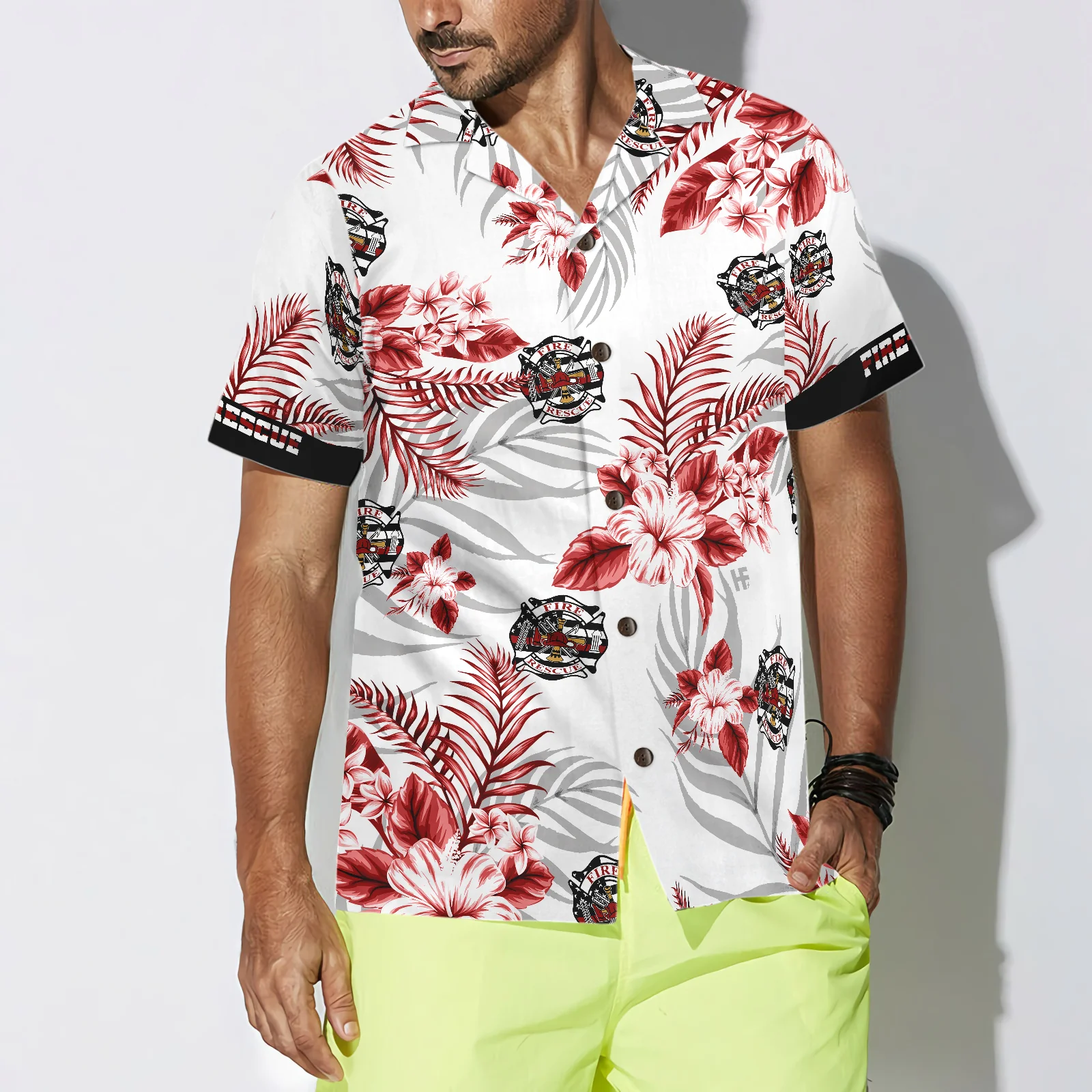 The Red Line Black American Flag Firefighter Hawaiian Shirt - Image 4