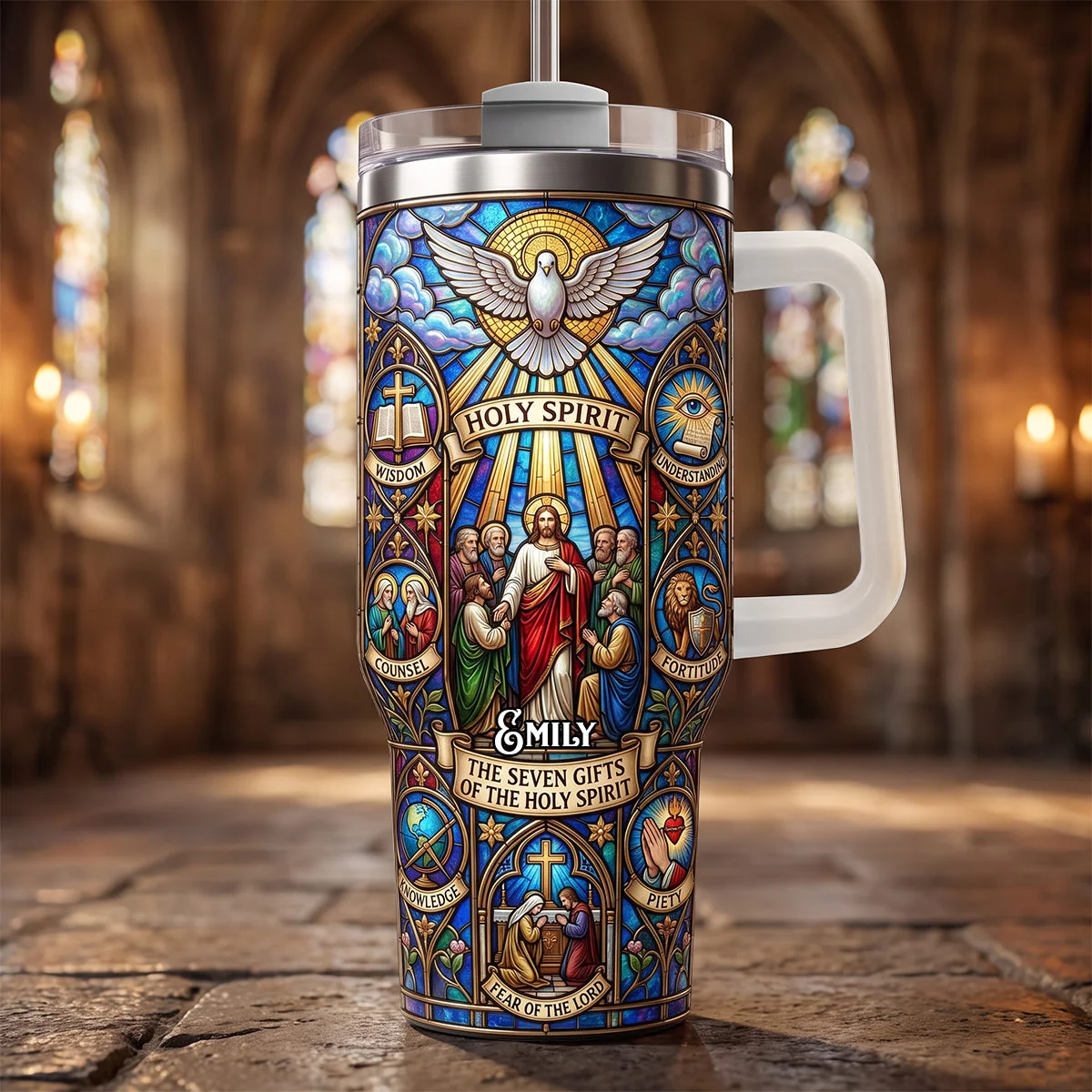 The Seven Gifts Of The Holy Spirit - Personalized Tumbler With Handle - Gift For Christians