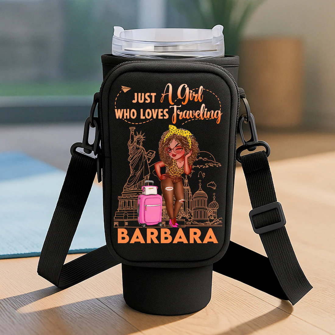 The Sky Is Calling Travel Theme - Personalized Tumbler Holder Bag - Gift For Travelers, Her | GR30. Travel HD95