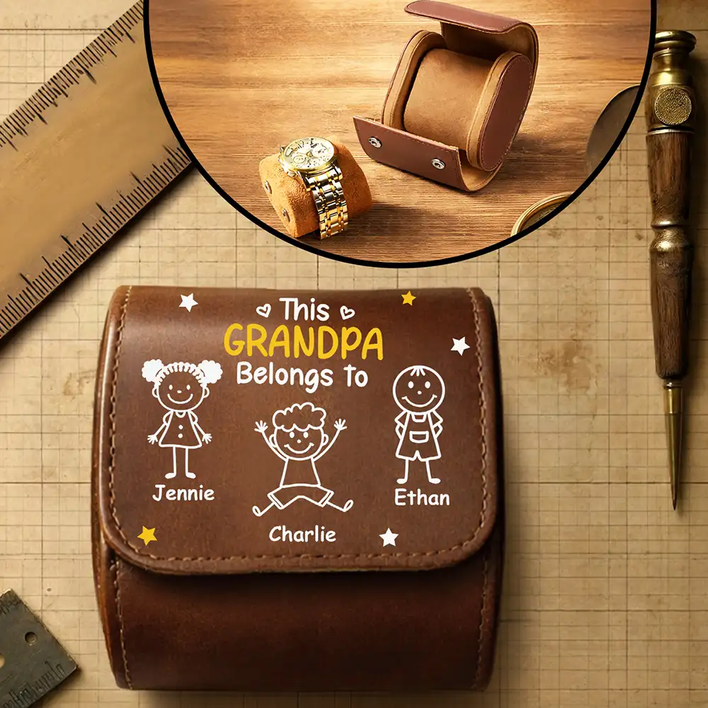 This Grandpa Belongs To - Personalized Leather Watch Case - Gift For Dad