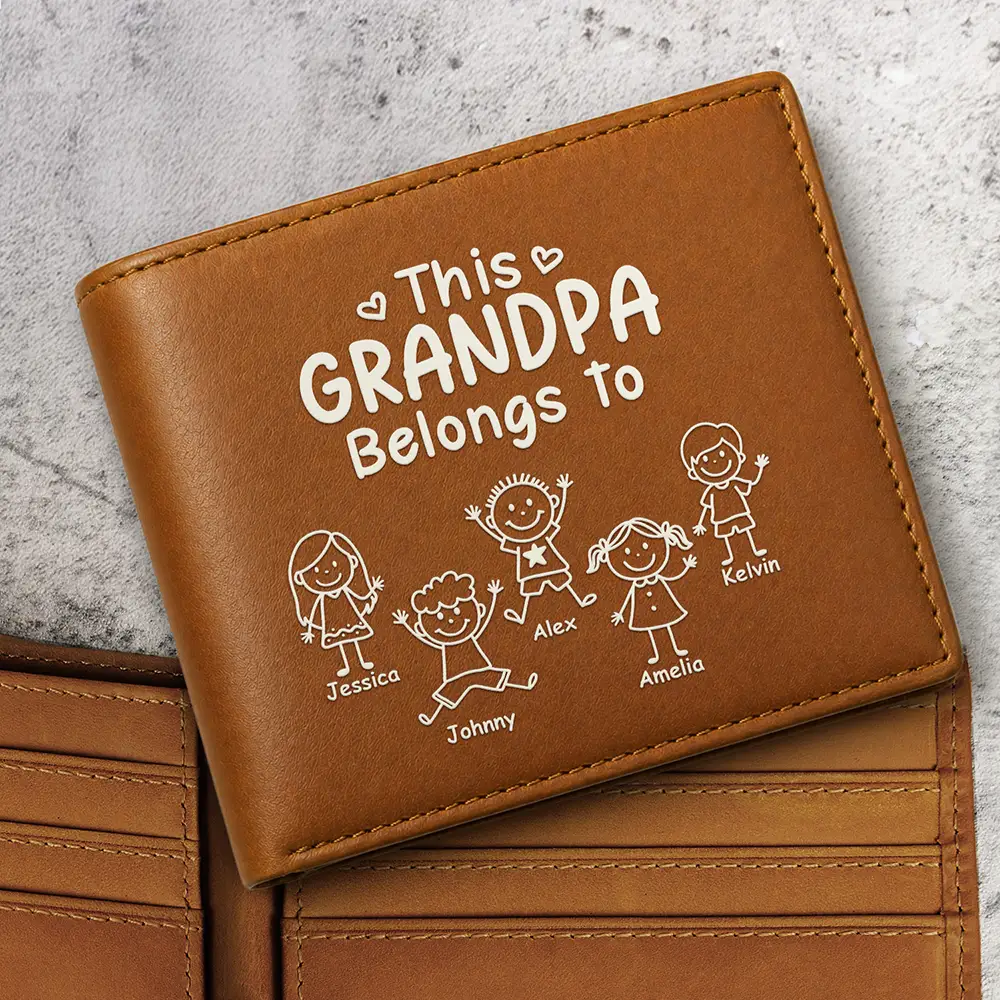This Grandpa Dad Belongs To Kids - Personalized Leather Wallet For Men - Gift For Dad, Grandpa