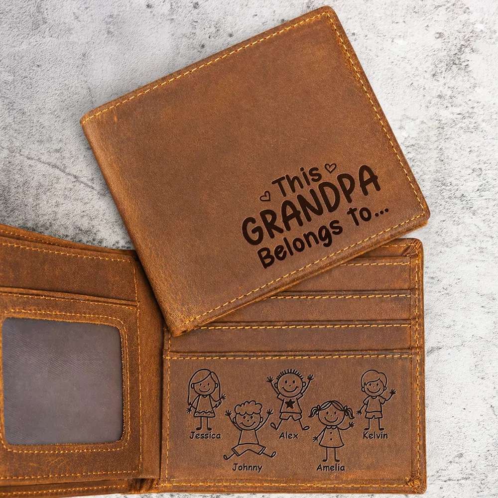 This Grandpa Dad Belongs To Kids Pet - Personalized Leather Wallet For Men - Gift For Dad, Grandpa