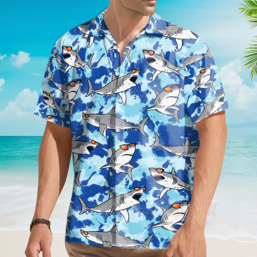 Tie Dye Sharks Wearing Sunglasses Hawaiian Shirt - Image 3