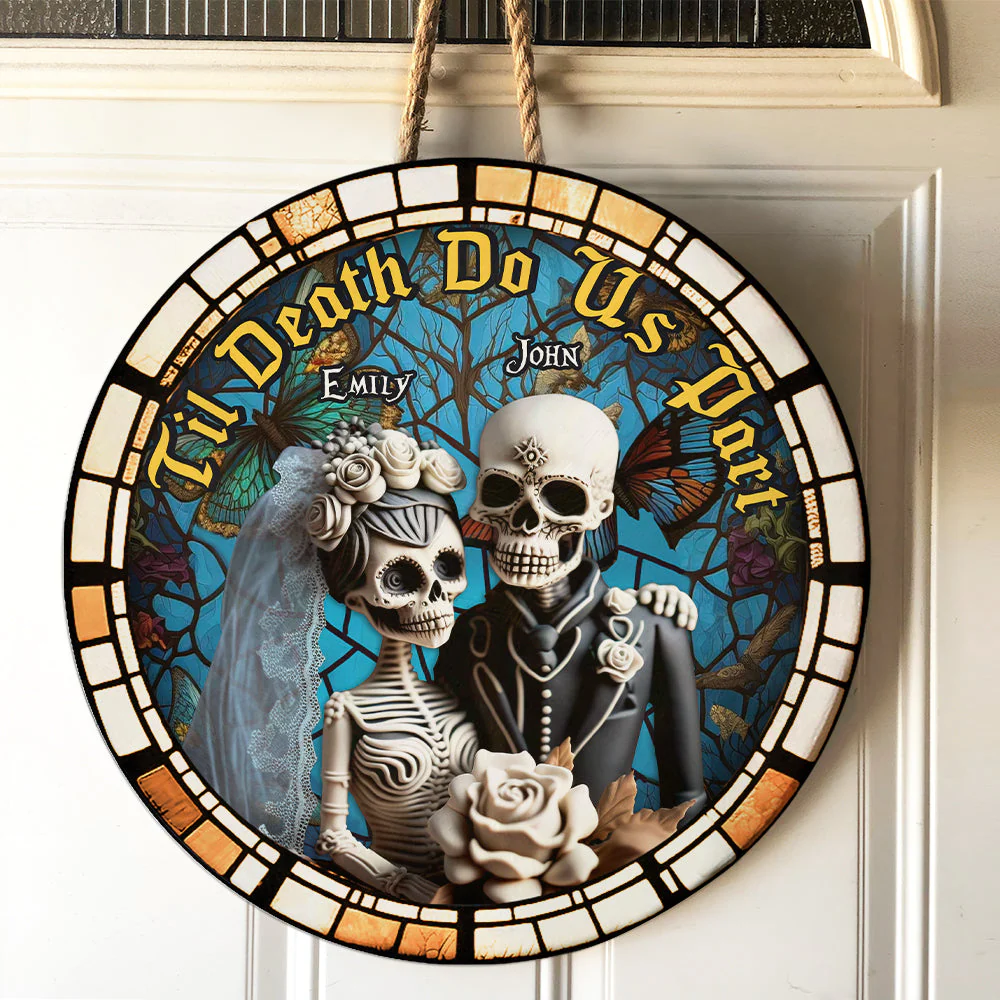 Til Death Do Us Part -  Personalized Skull Wooden Sign -  Halloween Gift For Couple HH01 - Image 3