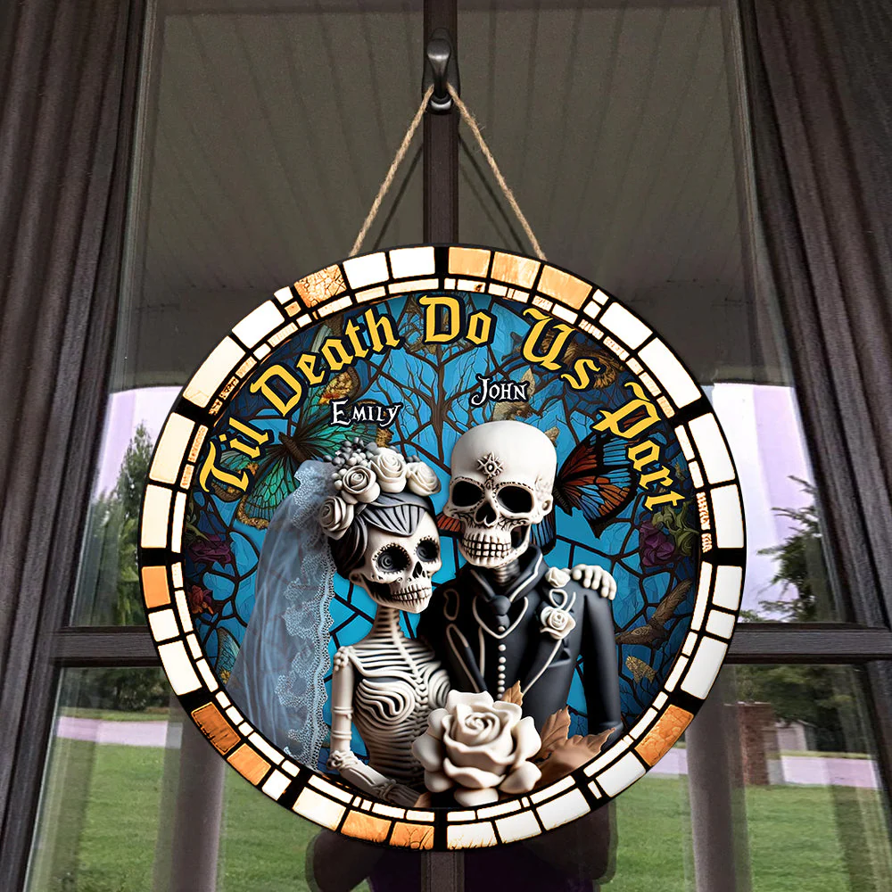Til Death Do Us Part -  Personalized Skull Wooden Sign -  Halloween Gift For Couple HH01 - Image 4
