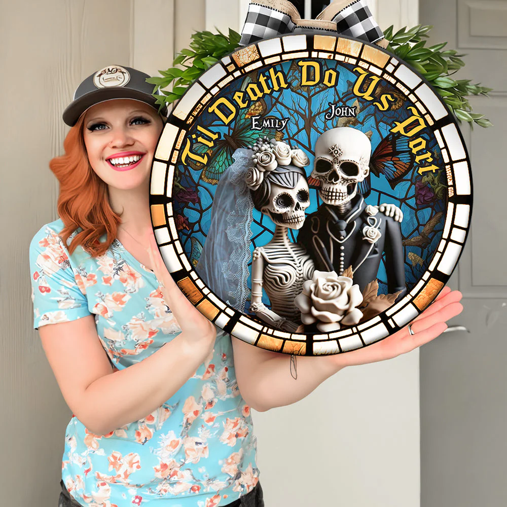 Til Death Do Us Part -  Personalized Skull Wooden Sign -  Halloween Gift For Couple HH01 - Image 5