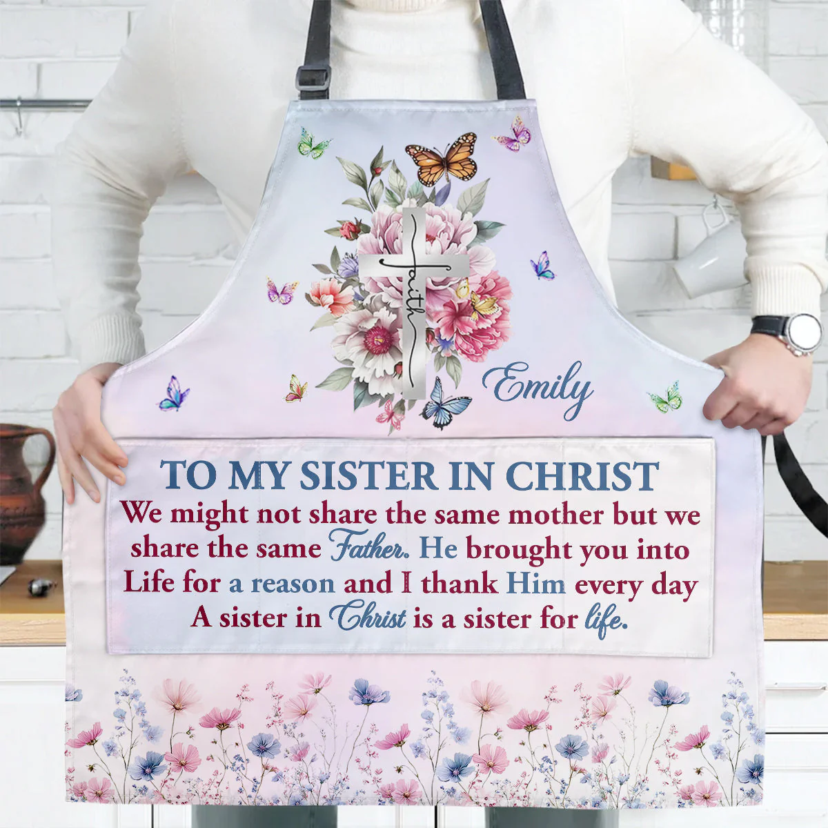 To My Sister In Christ - Personalized Apron With Pocket - Gift For Sister - Image 4