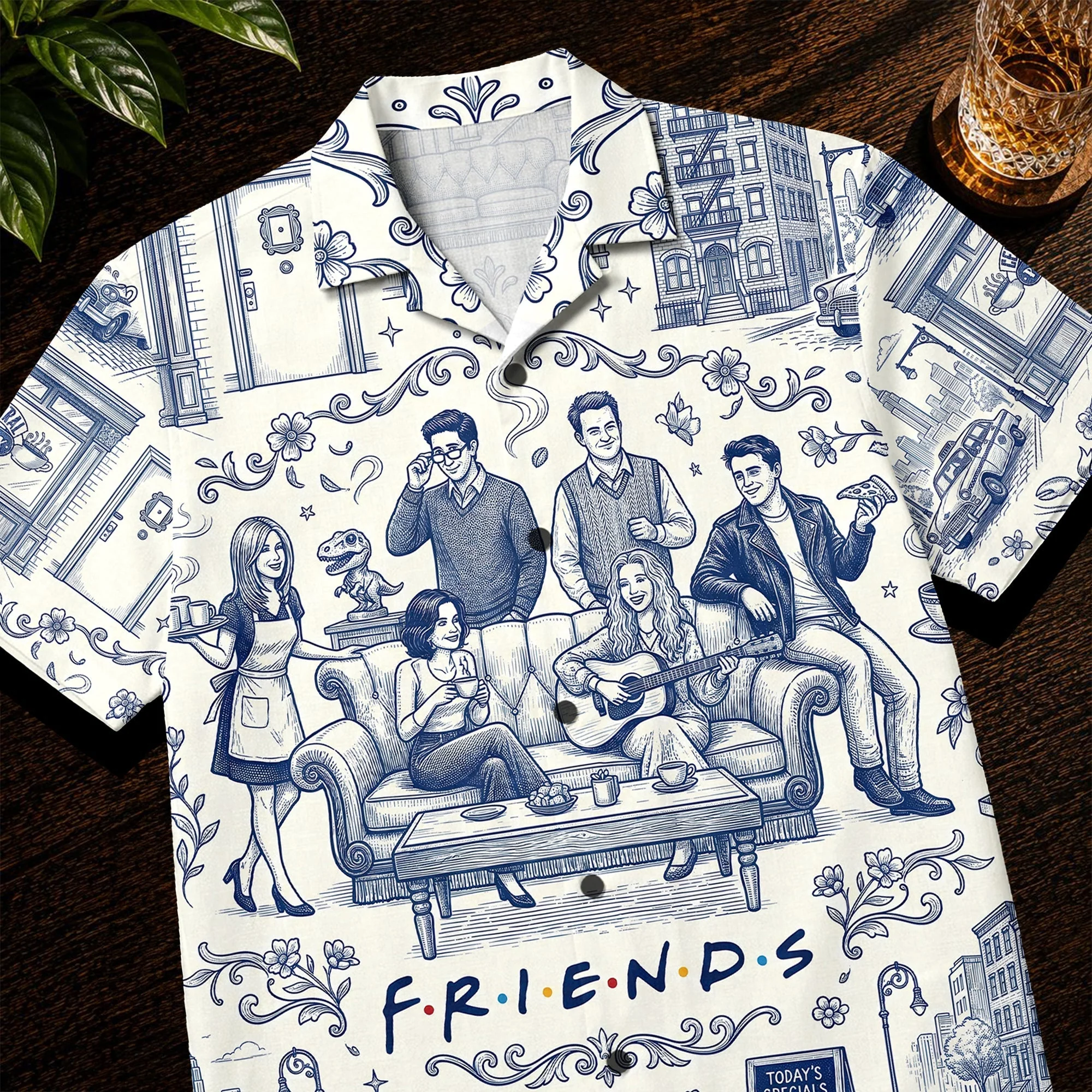 Toile De Jouy Classic Friends Sitcom Blue Coffee House Apartment - Hawaiian Shirt - Gift For