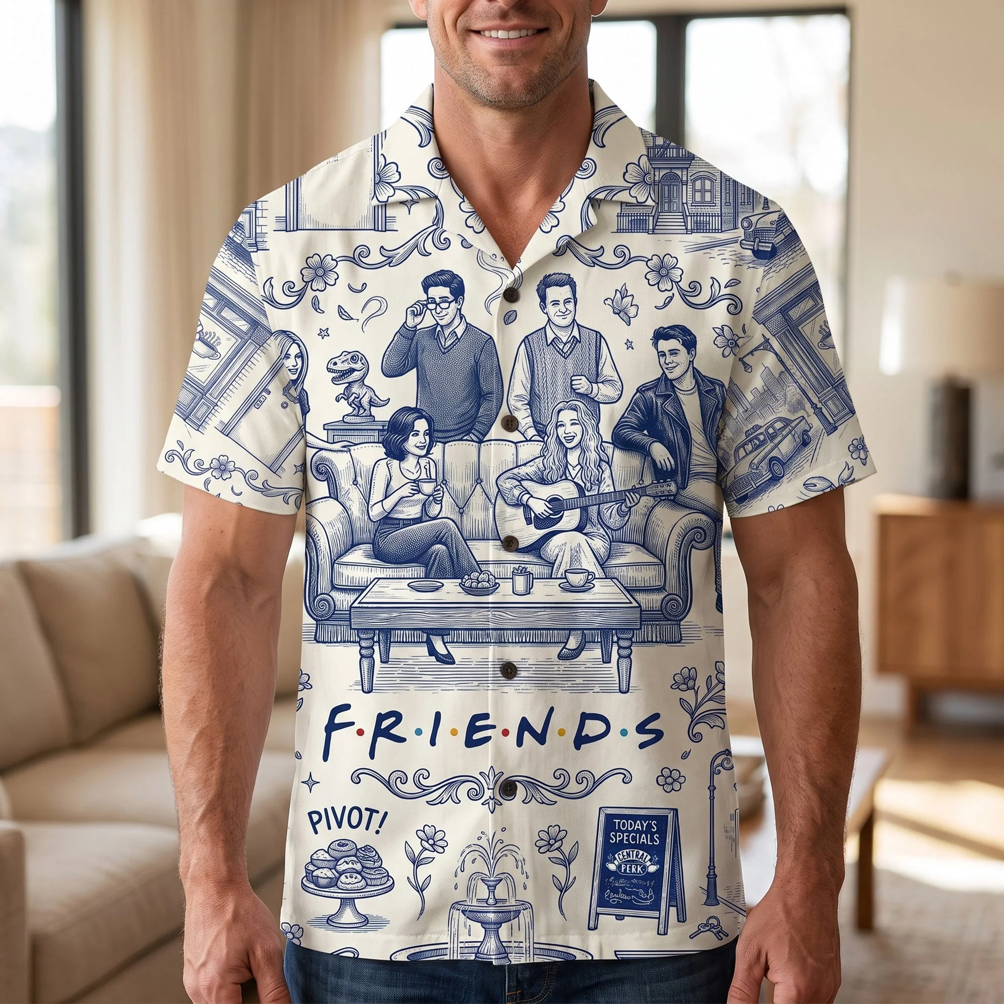 Toile De Jouy Classic Friends Sitcom Blue Coffee House Apartment - Hawaiian Shirt - Gift For - Image 2