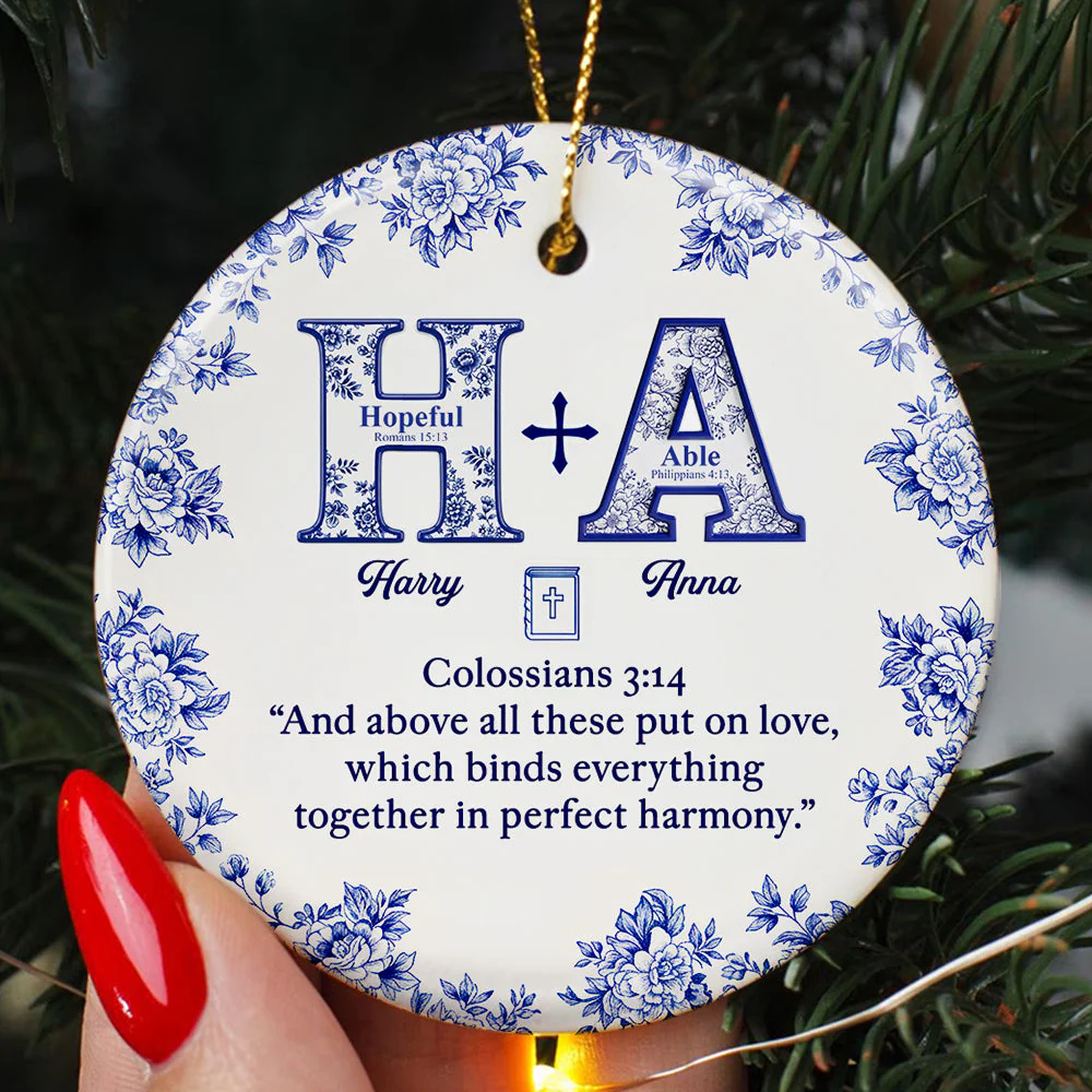 Toile de Jouy Faith & Love Christmas - Personalized Ceramic Ornament - Gifts For Couple TD118 - Image 2