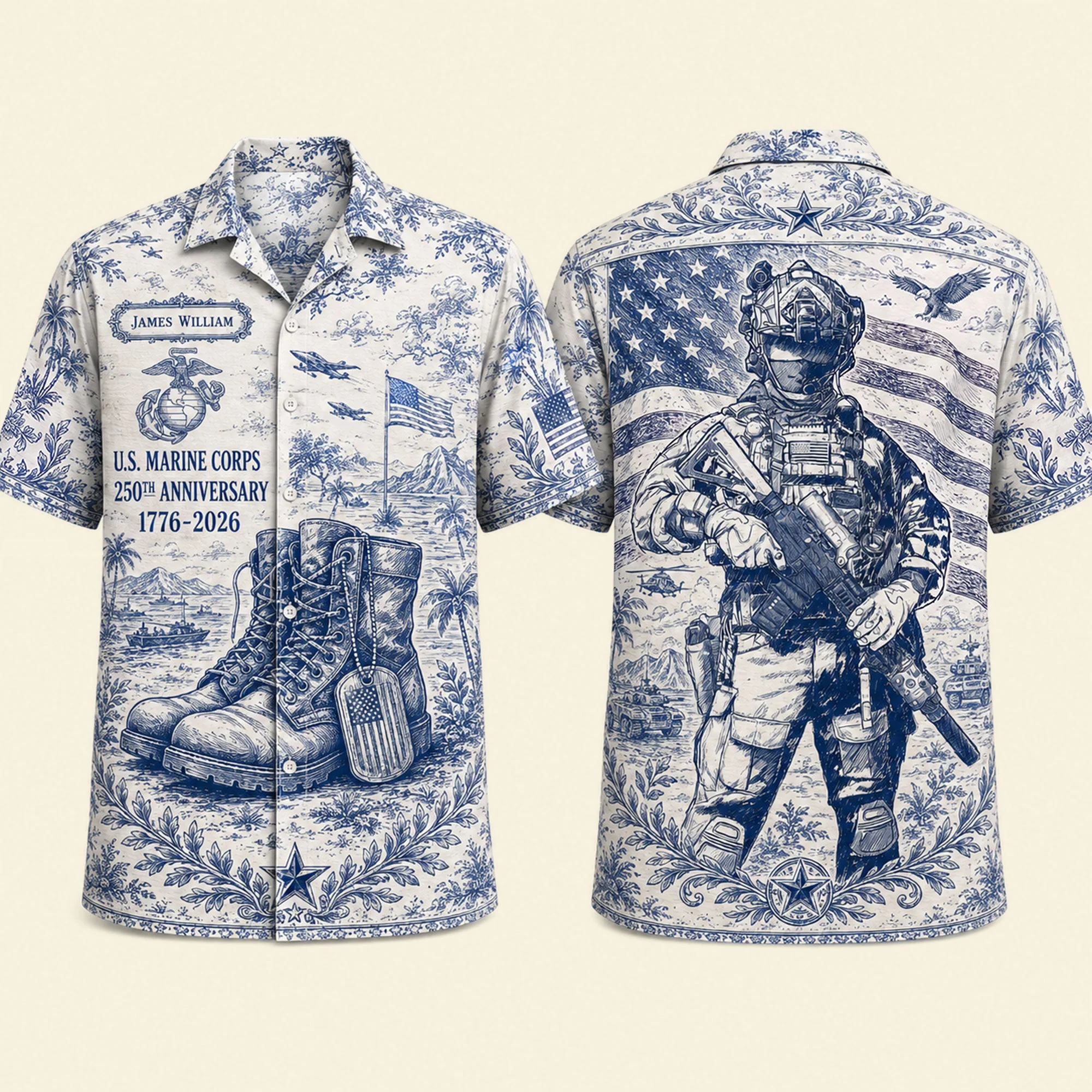 Toile De Jouy Veteran Celebrate America 250th Anniversary - Personalized Hawaiian Shirt - Gifts For Veterans - Image 4