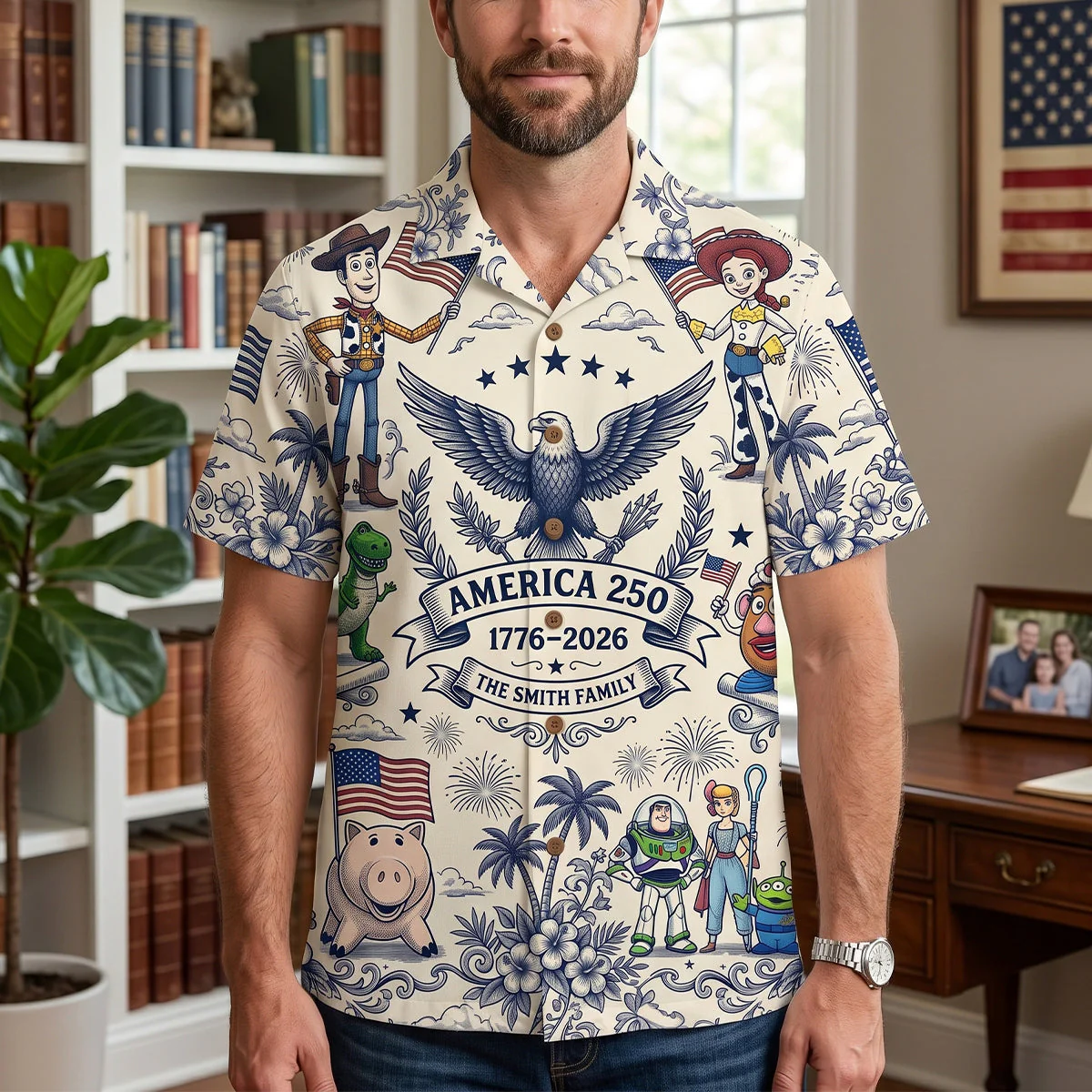 Toile De jouy Toy Cowboy & Space Ranger Blue America 250 Patriotic- Hawaiian Shirt - Image 3
