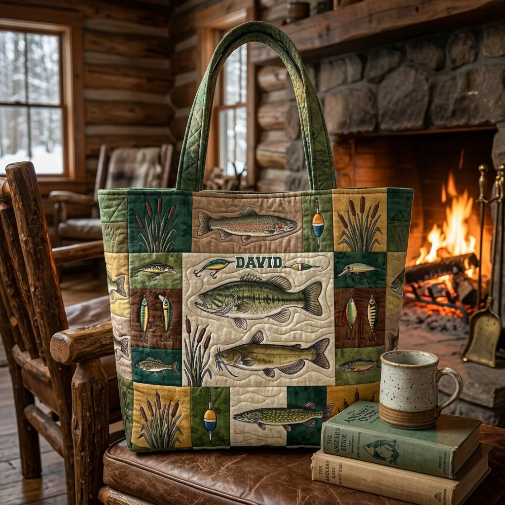 Traditional Fishing Patchwork Trout Bass Catfish Pike - Personalized Quilted Tote Bag - Gift For Him - HN02 - Image 2