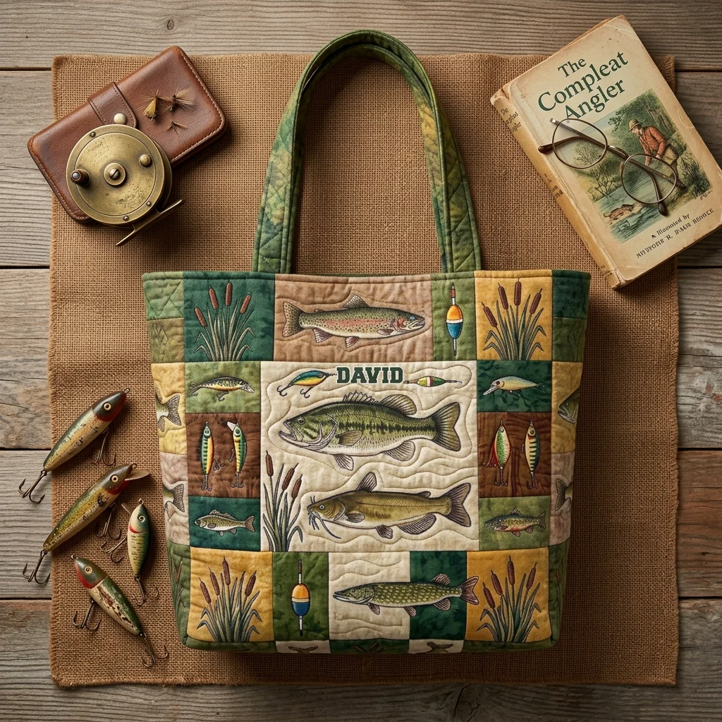 Traditional Fishing Patchwork Trout Bass Catfish Pike - Personalized Quilted Tote Bag - Gift For Him - HN02 - Image 4
