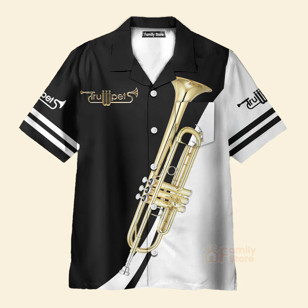 Trumpet Music Instrument Black And White Aloha Hawaiian Shirts - Image 2