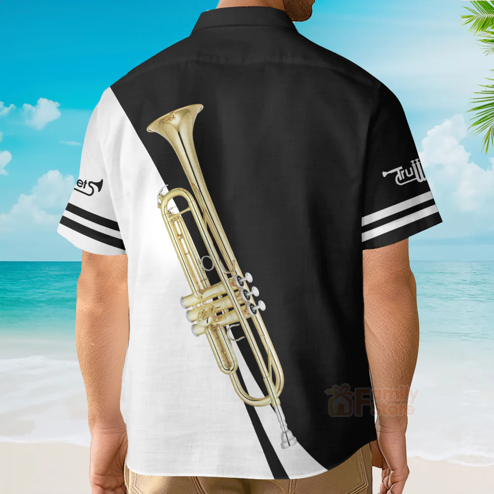Trumpet Music Instrument Black And White Aloha Hawaiian Shirts - Image 5