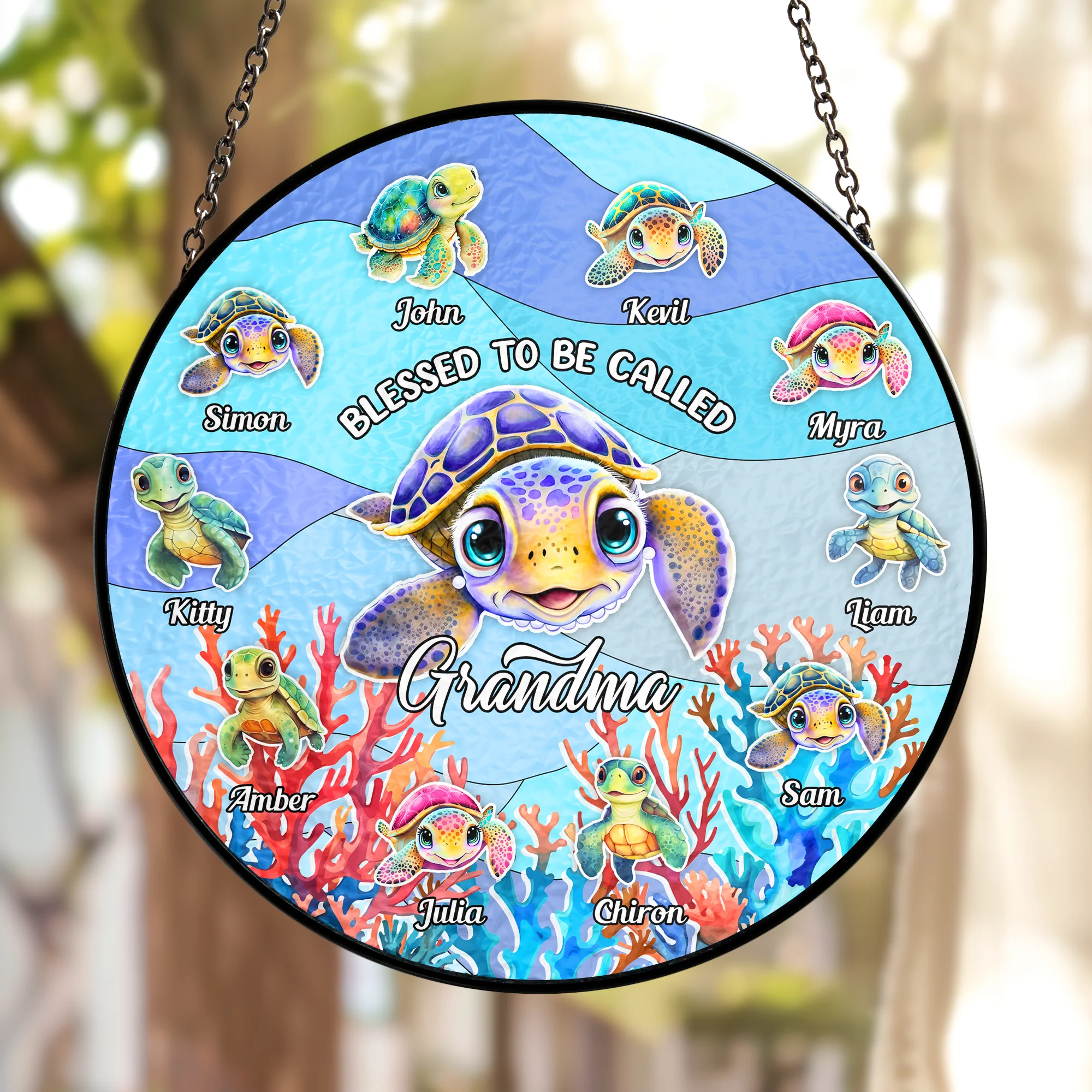 Turtley Grandma - Personalized Stained Glass Window Hanging Suncatcher - Gift For Mom, Grandma, Mother's Day | NA94 - Image 2