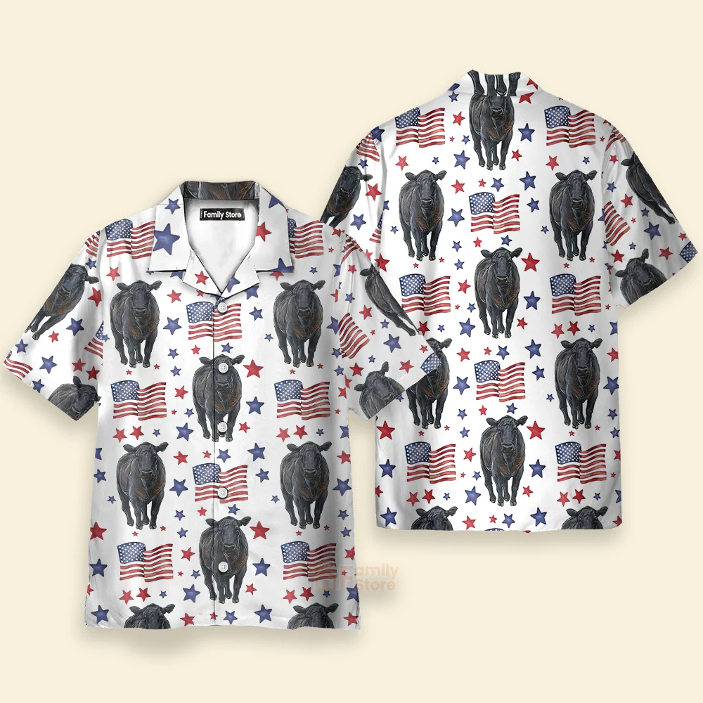 Unique Black Angus American Flag Pattern Hawaiian Shirt - Image 3
