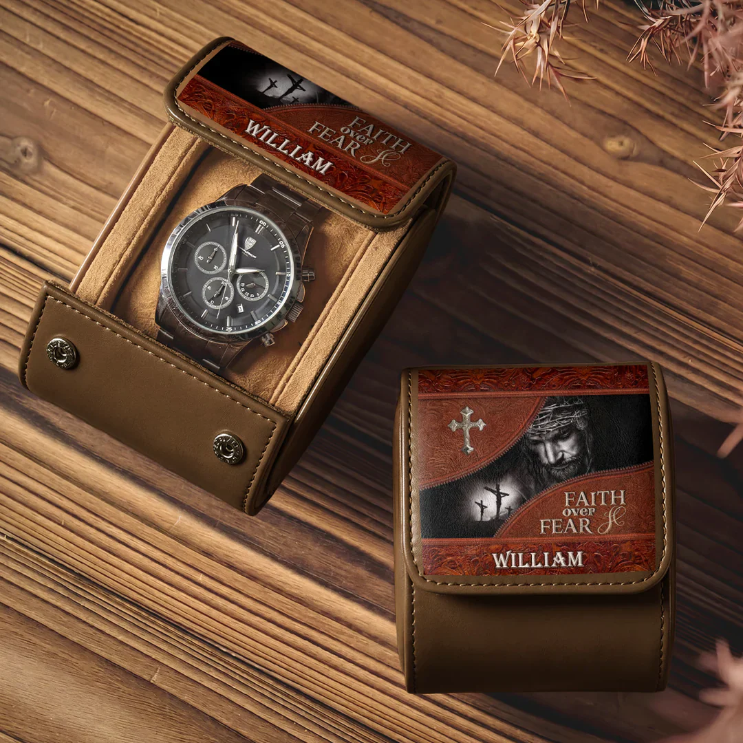 Unique Christian Faith Over Fear Watch Storage Case - Personalized Leather Watch Case - Gift For Dad, Grandpa - Image 4