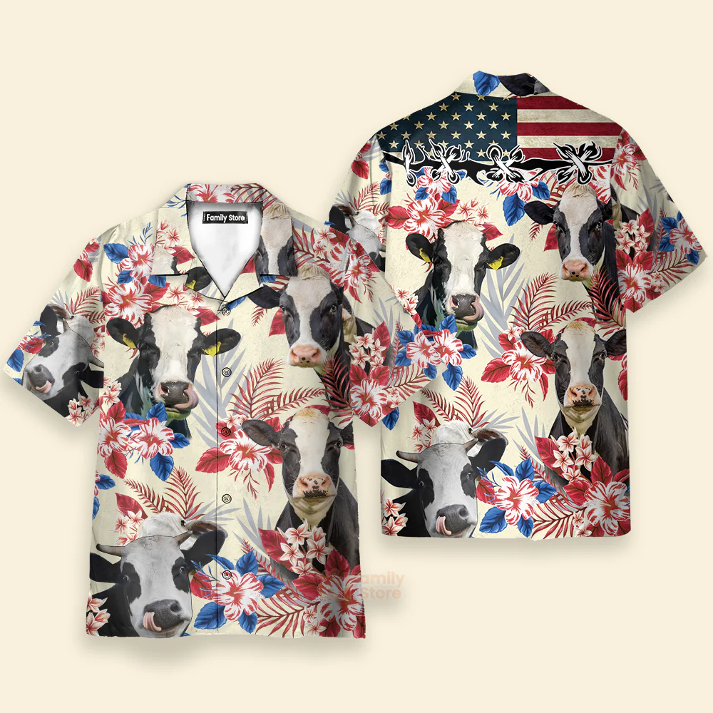 Unique Holstein Friesian Cattle American Flag Hawaiian Shirt - Image 3