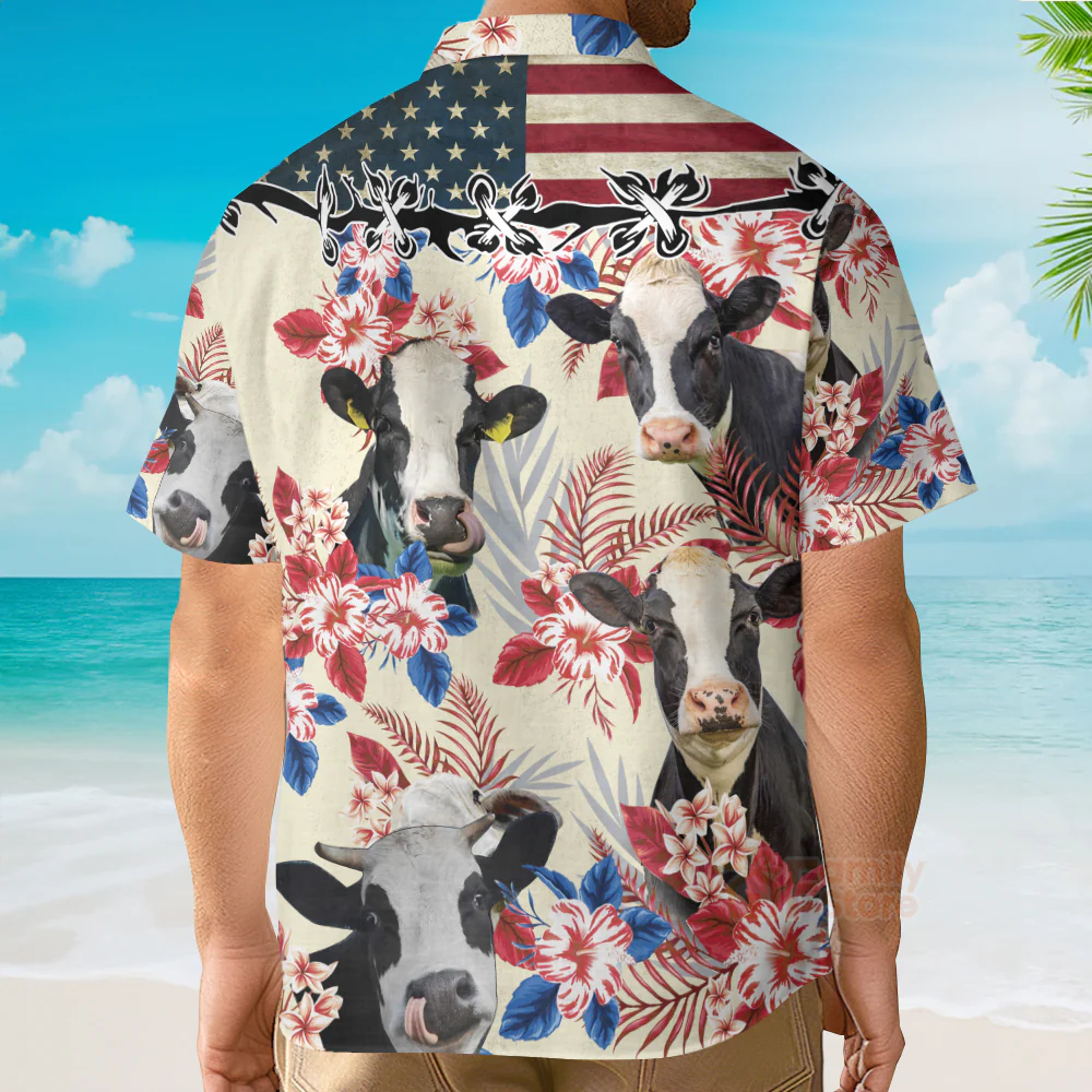 Unique Holstein Friesian Cattle American Flag Hawaiian Shirt - Image 5