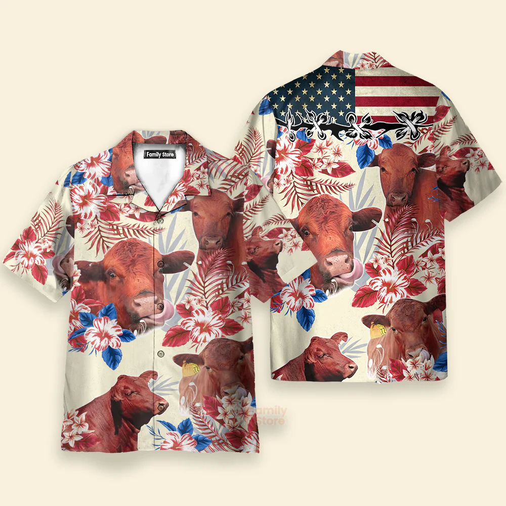 Unique Red Angus Cattle American Flag Flowers Hawaiian Shirt - Image 3