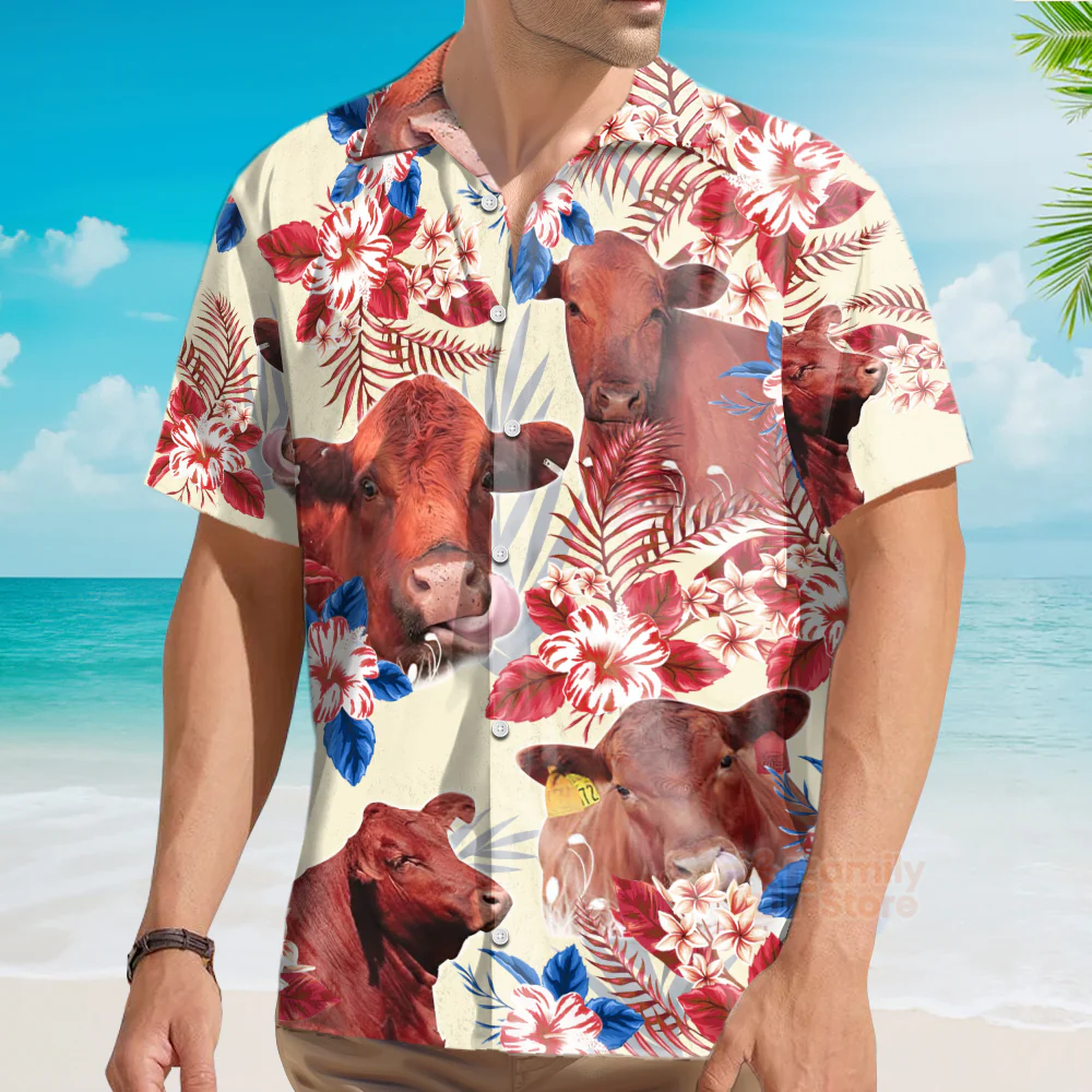 Unique Red Angus Cattle American Flag Flowers Hawaiian Shirt - Image 4